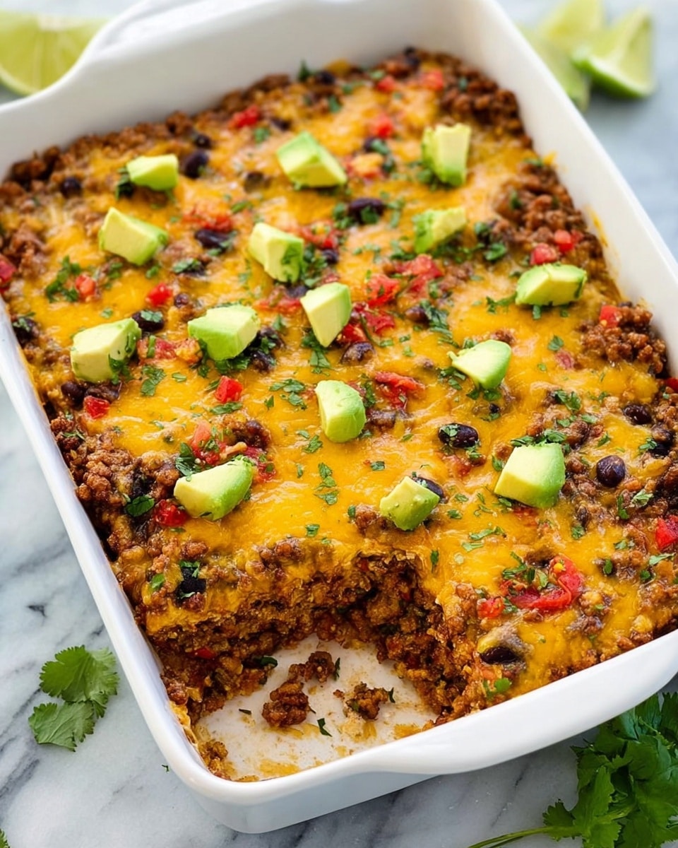 The image shows a white rectangular baking dish filled with a layered casserole. The bottom layer consists of a mix of cooked ground meat, black beans, and diced red tomatoes, creating a textured and colorful base with shades of brown, black, and red. The middle layer is melted golden-yellow cheese spread evenly over the mixture, with some browned spots indicating it was baked. On top, small green avocado chunks and fresh green cilantro leaves are scattered, adding fresh green color and texture contrast. The dish is placed on a white marbled surface, with lime wedges and cilantro sprigs visible around it. Photo taken with an iphone --ar 4:5 --v 7