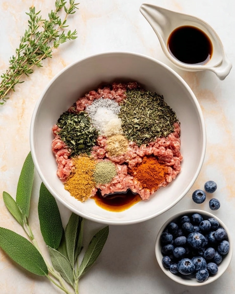 A white bowl sits on a white marbled surface filled with pink ground meat, topped with several piles of spices and herbs arranged in neat sections. From left to right and top to bottom, there are green dried herbs, coarse white salt, gray black pepper, finely chopped dark green herbs, minced white garlic, orange-red paprika, and yellow-brown curry powder, along with a small pool of dark brown sauce near the bottom. Around the bowl, there are fresh green sage leaves, a small white bowl filled with fresh blueberries, a small white cup filled with dark soy sauce, and a few loose blueberries scattered on the surface. Photo taken with an iphone --ar 4:5 --v 7