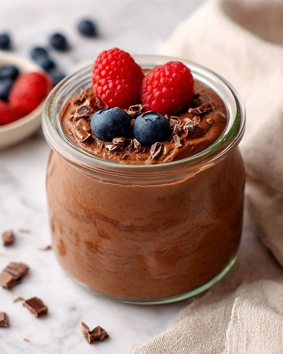 A clear glass jar filled with a smooth, thick chocolate mousse, showing slight swirl textures on its surface and sides. On top, there are three bright red raspberries and three dark blue blueberries arranged neatly, with small pieces of chocolate scattered around them for extra texture. The jar sits on a white marbled surface with a soft beige cloth nearby and some blueberries and chocolate bits scattered softly in the background, creating a cozy and fresh look. photo taken with an iphone --ar 4:5 --v 7