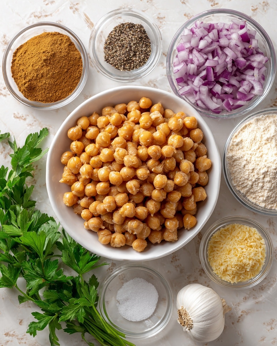 A white bowl filled with round light brown chickpeas is placed in the center on a white marbled surface. Surrounding the bowl in a circular pattern are smaller clear bowls containing different ingredients: finely chopped purple onion on the upper right, light beige flour below the chickpeas, and light yellow parmesan or nutritional yeast to the lower right. To the upper left are two small clear bowls with ground brown cumin and golden yellow coriander powder. Fresh green parsley leaves lie on the bottom left, and a whole white garlic bulb sits between the onion and parmesan bowls on the right side. A small glass bowl with white salt and black pepper mix is near the top center. The image shows all ingredients clearly spaced out on the white marbled surface. Photo taken with an iphone --ar 4:5 --v 7