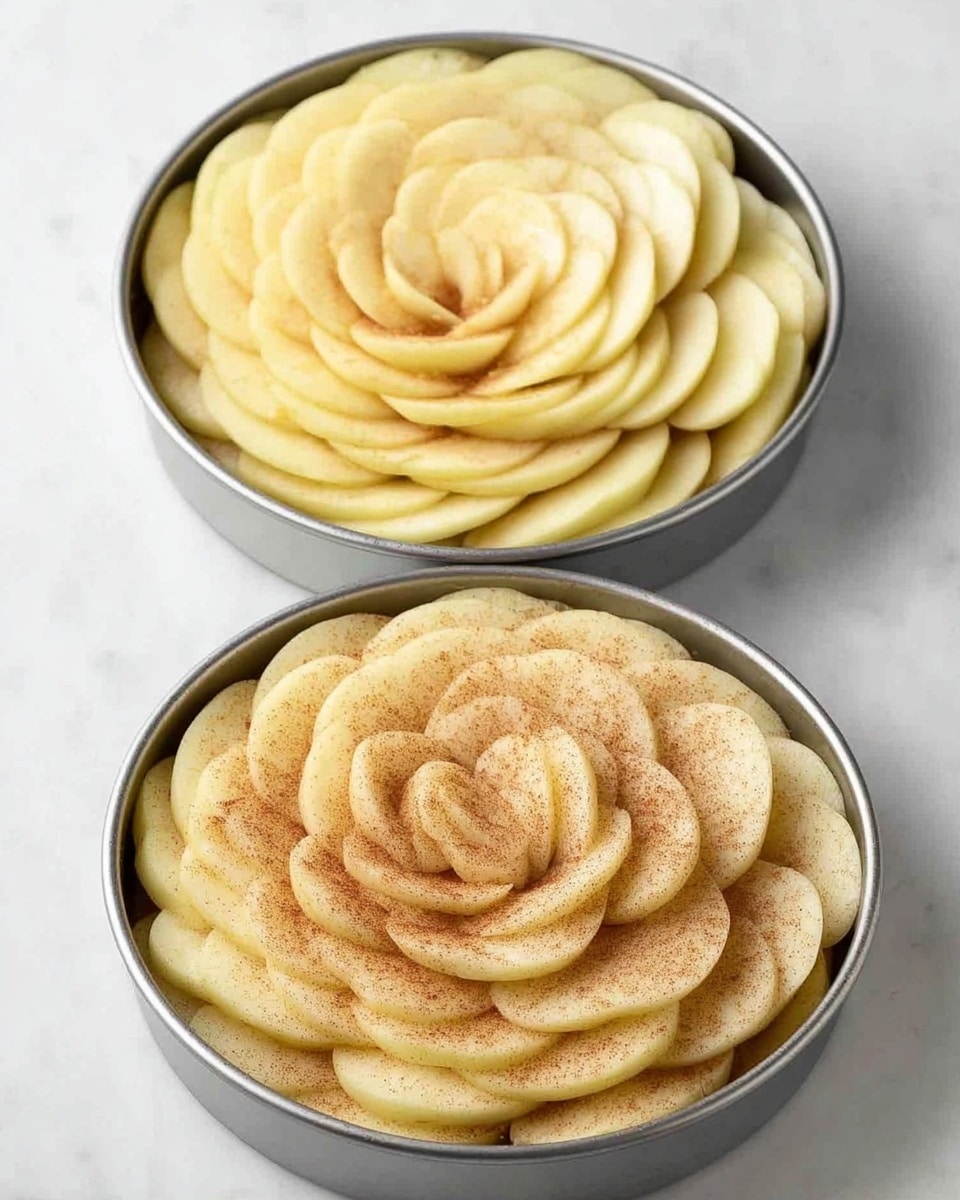 Two round metal pans are placed side by side on a white marbled surface, each filled with thinly sliced apple pieces arranged in overlapping circular layers starting from the outer edge inward, forming a rose-like pattern. The pan on the left shows fresh pale yellow apple slices with smooth textures, while the pan on the right has the same apple arrangement but sprinkled evenly with a light brown powder, giving it a slightly grainy and warm appearance. The light source highlights the soft, fresh quality of the apples and the textured topping on the second pan. photo taken with an iphone --ar 4:5 --v 7