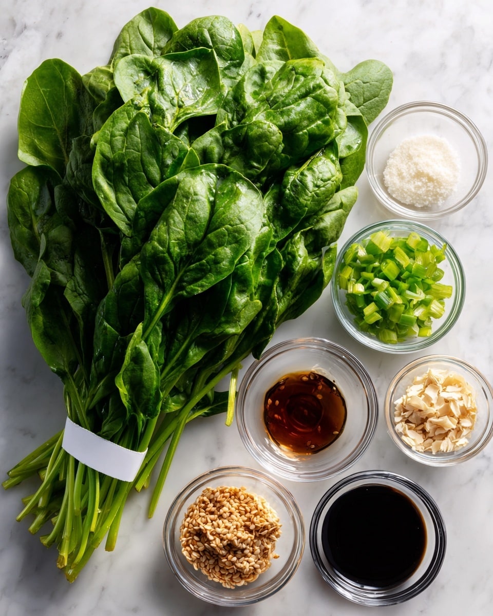 The image shows a bunch of fresh green spinach leaves with a white label around the stems on the left side. On the right side, there are six small clear glass bowls arranged in two rows on a white marbled surface. The top row has chopped green onion with bright green color, light brown sesame oil, and dark brown soy sauce. The bottom row has white salt, finely chopped white garlic, and light brown toasted sesame seeds. Each ingredient is labeled above or below the bowls in simple black text. The scene is bright and clean with natural light. Photo taken with an iphone --ar 4:5 --v 7
