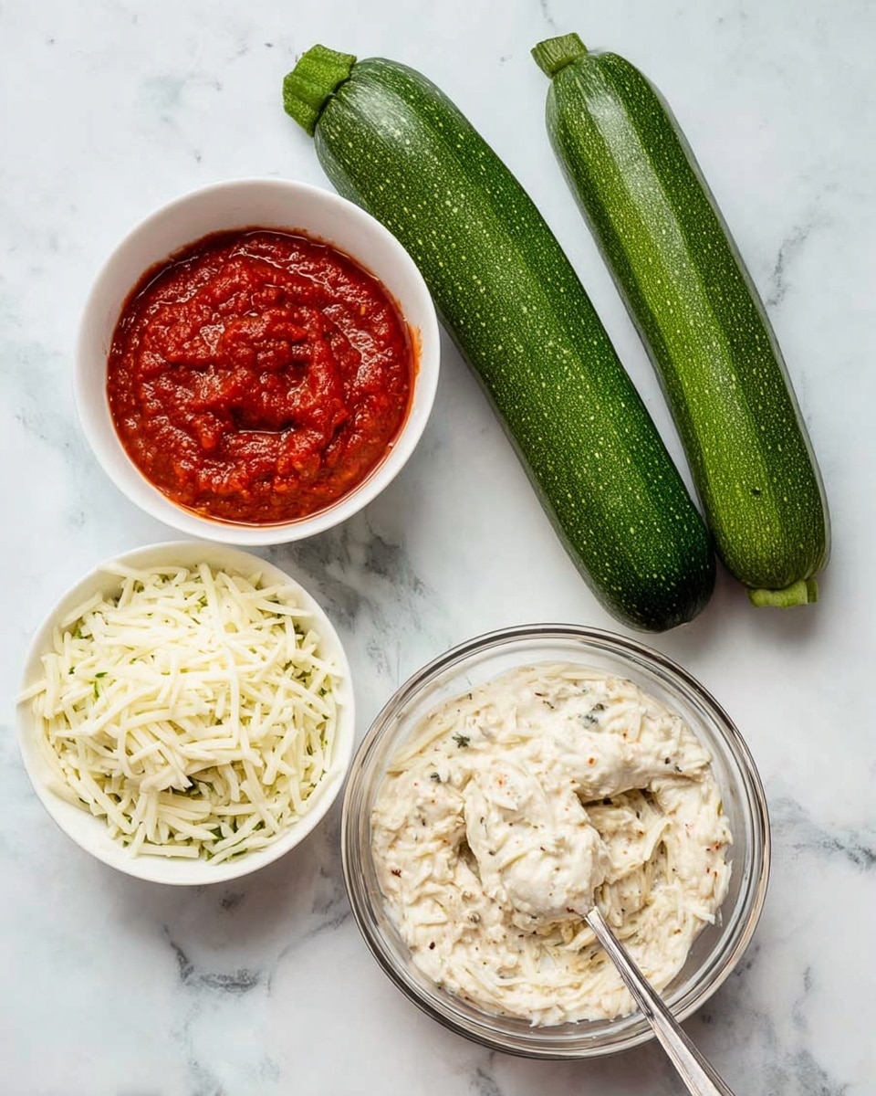 The image shows four main items arranged on a white marbled surface: two whole green zucchinis placed diagonally, a small white bowl filled with red tomato sauce, another white bowl filled with shredded white cheese, and a clear glass bowl containing a white creamy mixture with visible spices and a spoon inside. The textures include the smooth, shiny skin of the zucchinis, the thick, slightly chunky tomato sauce, the soft, fluffy cheese strands, and the creamy, speckled mix in the glass bowl. photo taken with an iphone --ar 4:5 --v 7