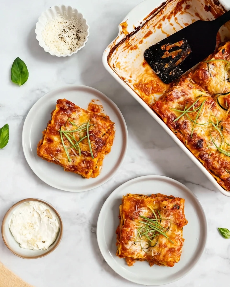 A square piece of lasagna sits on a white plate, showing multiple layers: a top layer of melted light brown cheese with spots of golden brown, beneath it a rich red tomato sauce mixed with soft orange cheese, and deeper layers revealing green zucchini slices, creamy white sauce, and more sauce with vegetables. Fresh green basil leaves are scattered on top for color. The edge of the lasagna is soft and slightly messy with sauce. In the background, part of a white rectangular baking dish filled with more lasagna is visible, placed on a white marbled surface. A fork rests beside the lasagna on the plate. Photo taken with an iphone --ar 4:5 --v 7