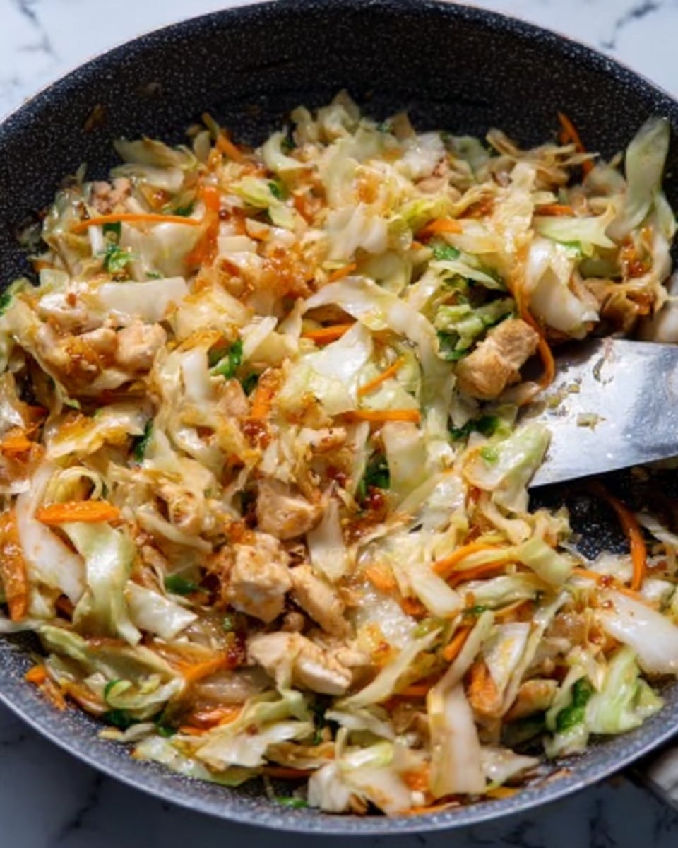 The image shows a close-up of a frying pan with cooked food inside. The dish has several layers: at the bottom are sliced light green and white cabbage pieces, mixed with thin orange carrot sticks, and bits of light tan chicken pieces scattered throughout. On top, there is some melted light yellow cheese that looks soft and slightly stretchy. A metal spatula is partially visible on the right side, touching the food. The pan edge is dark gray with a textured surface. The background is a white marbled texture. Photo taken with an iphone --ar 4:5 --v 7