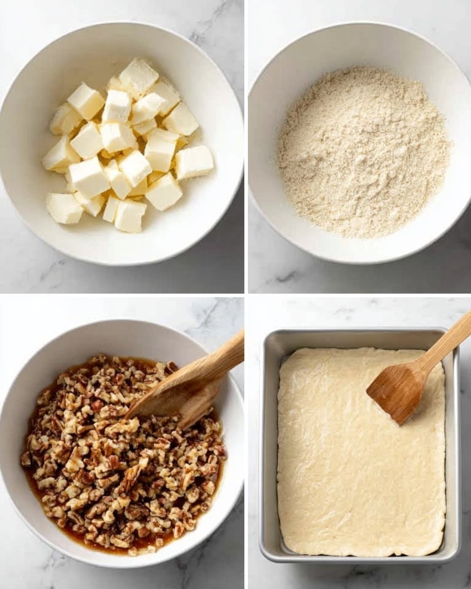 The image shows four steps of making a dessert arranged in a grid. In the first step, a white bowl contains small cubes of pale butter on a white marbled surface. The second step shows the same white bowl filled with a sandy, flour-like mixture, light beige in color, evenly spread inside. The third step features a shallow baking pan lined with a smooth, pale dough layer pressed flat against the bottom, with no visible cracks or bubbles, sitting on the same white marbled surface. The final step displays the white bowl containing a mix of chopped nuts coated in a sticky, light brown syrup or caramel, with a wooden spoon resting in it. Photo taken with an iphone --ar 4:5 --v 7