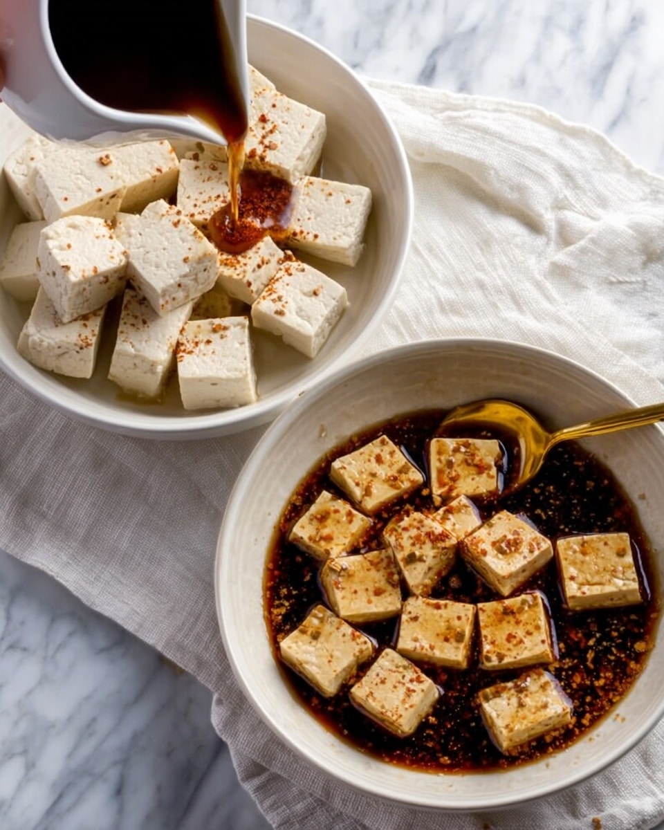 The image shows two white bowls on a white marbled surface with a white cloth underneath. The first bowl contains several cubes of white tofu, spaced evenly with some red seasoning sprinkled on top. A dark sauce is being poured over the tofu from a white cup held by a woman's hand. A small golden spoon rests on the edge of the bowl. In the second bowl, the tofu cubes are fully soaked in the dark sauce, and more red seasoning is sprinkled over the top, with the golden spoon now resting inside the bowl on the right side. photo taken with an iphone --ar 4:5 --v 7