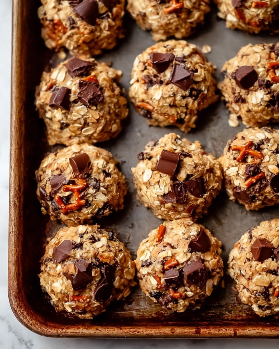 The image shows a baking tray filled with round cookies that have a rough, chunky texture. Each cookie is loaded with dark brown chocolate chips, small broken pieces of pretzels with a reddish-brown color, and visible bits of oats that are light beige. The cookies are placed close to each other in rows on a dark, worn metal tray. The background surface is a white marbled texture. Photo taken with an iphone --ar 4:5 --v 7