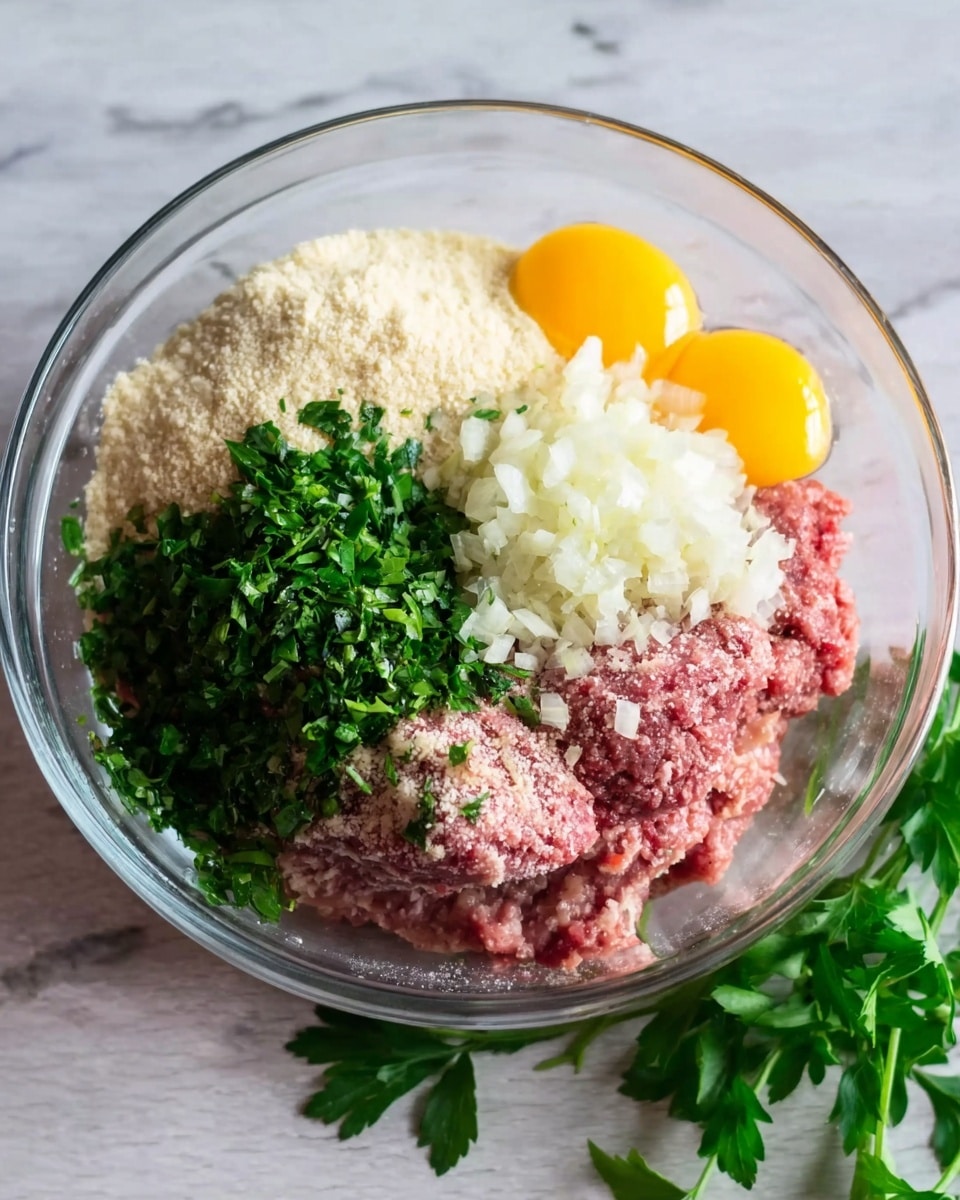 A clear glass bowl sitting on a white marbled surface contains five distinct layers. On the right side, there is a pink layer of ground meat with a slightly wet texture. Just below it, finely chopped white onion forms a soft, small textured layer. To the left, a light beige powdery layer of breadcrumbs or flour rests. Above this, a bright green layer of chopped fresh herbs adds a fresh look. Peeking from behind the green herbs are two raw yellow egg yolks adding a smooth, shiny touch. Outside the bowl, on the white marbled surface, there are some green leafy herbs for decoration. Photo taken with an iphone --ar 4:5 --v 7