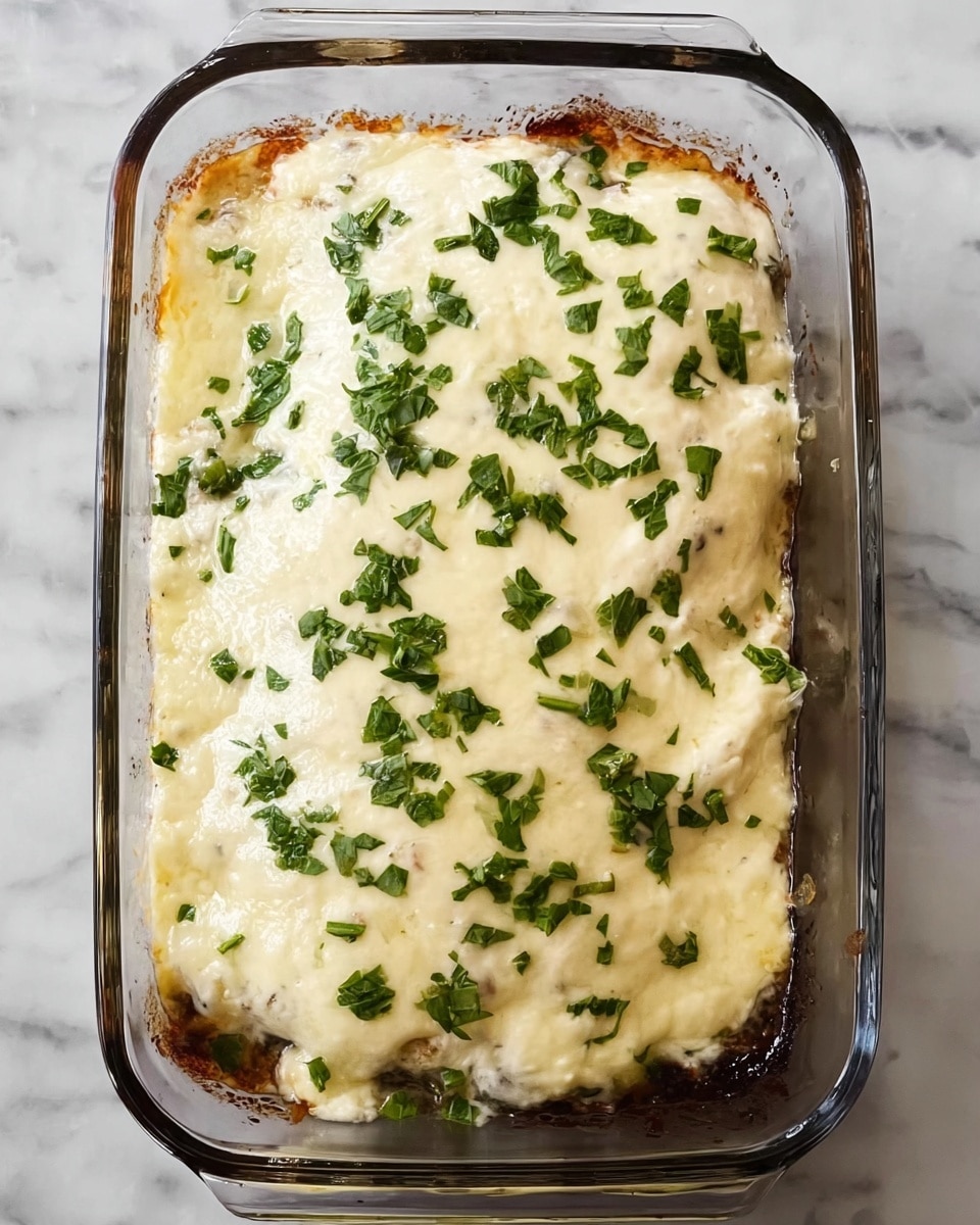 The image shows a glass baking dish filled with a layered casserole on a white marbled surface. The top layer is a smooth, melted white cheese layer covering the entire dish with small green herb leaves scattered evenly on top. Below the cheese, there is a darker, slightly brown layer that peeks through along the edges, indicating cooked ingredients beneath the cheese. The cheese has a creamy, slightly bubbling texture, and the green herbs add a fresh, colorful contrast. The dish looks warm and ready to serve. photo taken with an iphone --ar 4:5 --v 7