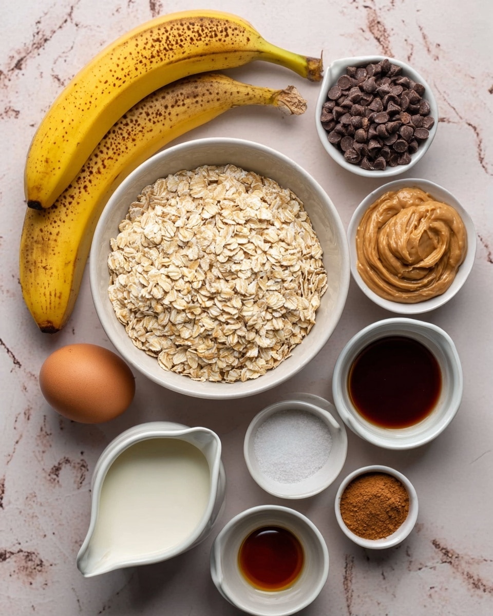 The image shows a flat lay of ingredients arranged neatly on a white marbled surface. In the center, there is a white bowl filled with light beige rolled oats. Surrounding it are several small white bowls containing different ingredients: one with dark brown chocolate chips, one with smooth light brown peanut butter, one with white powder, one with white salt, and one with cinnamon powder. There is also a whole light brown egg, a whole ripe yellow banana with brown spots, a small white pitcher with white milk, a small cup with dark maple syrup, and another small bowl with dark brown vanilla extract. The overall look is clean and simple with natural colors. photo taken with an iphone --ar 4:5 --v 7