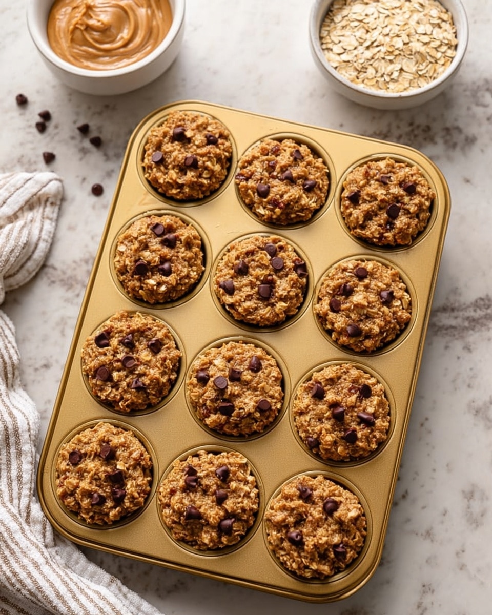 A gold muffin tray holds twelve cups filled with a textured mixture of light brown oats and small dark chocolate chips. Each cup is full, with the mixture packed slightly above the rim, showing a rough, uneven top surface. The tray rests on a white marbled surface, with a white bowl of light brown peanut butter in the top middle background and a white bowl filled with raw oats in the top right. A white and light gray striped cloth is partially visible at the bottom left corner. The image is taken from above, showing the full tray and surrounding items clearly. photo taken with an iphone --ar 4:5 --v 7