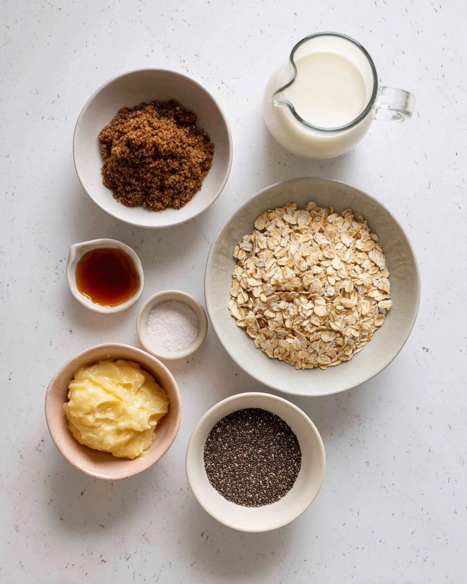 Seven white bowls with different ingredients are placed on a white marbled surface. The largest bowl at the bottom center holds light beige rolled oats. Above it to the left, a smaller bowl contains dark brown soft sugar with a crumbly texture. To the right of the sugar, a clear glass jug with milk shows a smooth white liquid nearly full to the top. Below the milk jug to the right, a small white bowl with a spout holds soft mashed banana with a pale yellow color. Center front is a tiny light pink bowl filled with amber-colored vanilla extract. At the bottom center left, a small divided white and light coral dish holds white salt on one side and a light brown powder on the other side. To the right, a medium white bowl is filled with tiny black chia seeds with a speckled texture. The overall look is neat and clean. photo taken with an iphone --ar 4:5 --v 7