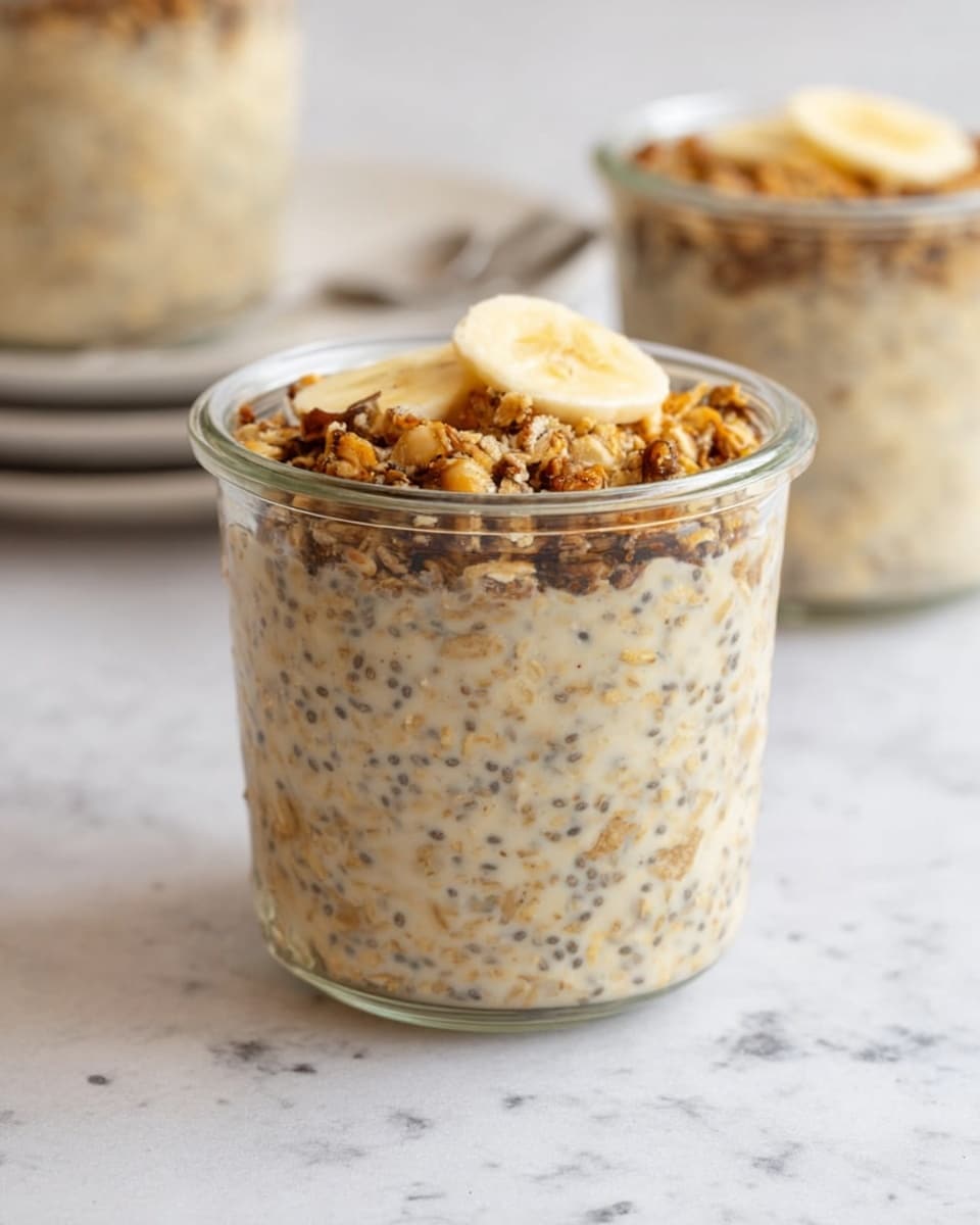 A clear glass jar filled with a creamy oatmeal mixture showing small dark chia seeds evenly spread throughout the beige oatmeal, with a layer of granola and a few slices of banana placed on top. The jar is on a white marbled surface, and in the softly blurred background, two more jars with similar contents rest on a white plate. The texture of the oatmeal looks smooth and thick with visible grains and seeds. Photo taken with an iphone --ar 4:5 --v 7