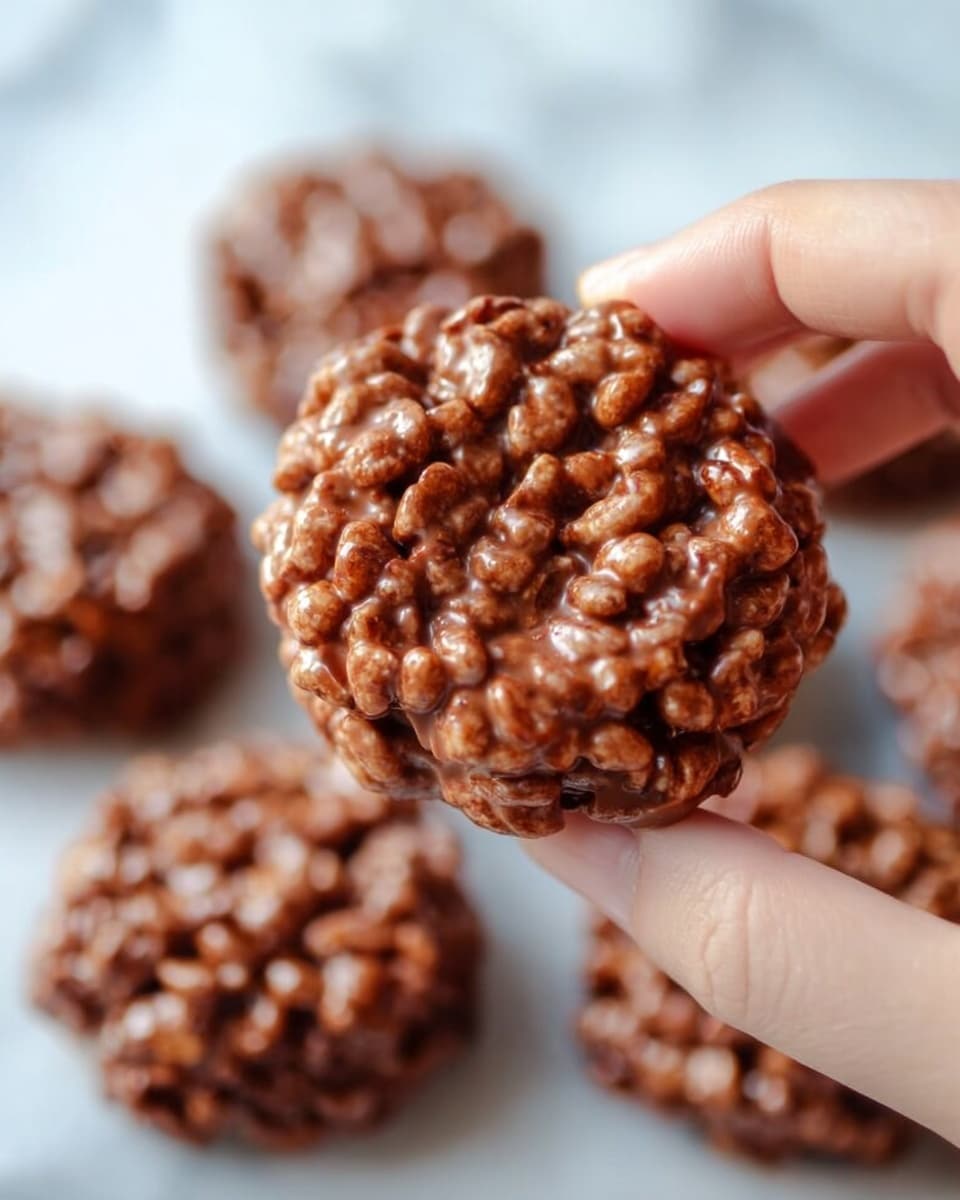 A close-up of a woman's hand holding a round, bumpy chocolate rice crispy treat. The treat is made of small, puffed rice pieces mixed with a shiny chocolate coating, creating a textured surface with various shades of brown. In the background, several more of the same round treats lie scattered on a white marbled surface, slightly out of focus. photo taken with an iphone --ar 4:5 --v 7
