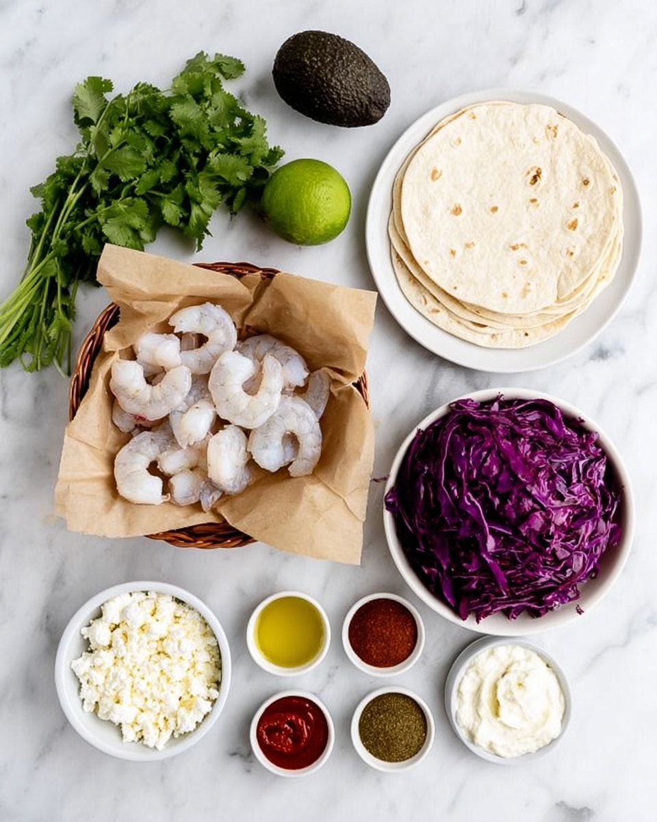 The image shows an overhead view of ingredients arranged neatly on a white marbled surface. There is a stack of white tortillas on a white plate in the top right corner, and a bowl of bright purple shredded cabbage on the bottom right. In the center, a basket lined with brown paper holds raw white shrimp. To the left of the shrimp, a lime cut in half and a whole dark green avocado lie side by side. A bunch of fresh green cilantro is placed in the top left corner. Around the shrimp basket, there are small white bowls holding crumbled white cheese, a light yellow oil, deep red sauce, and creamy white sauce. Additionally, a white rectangular plate holds four spices in small piles: dark red, brown, light beige, and green. The whole setup is on the white marbled surface, creating a clean and bright look. Photo taken with an iphone --ar 4:5 --v 7