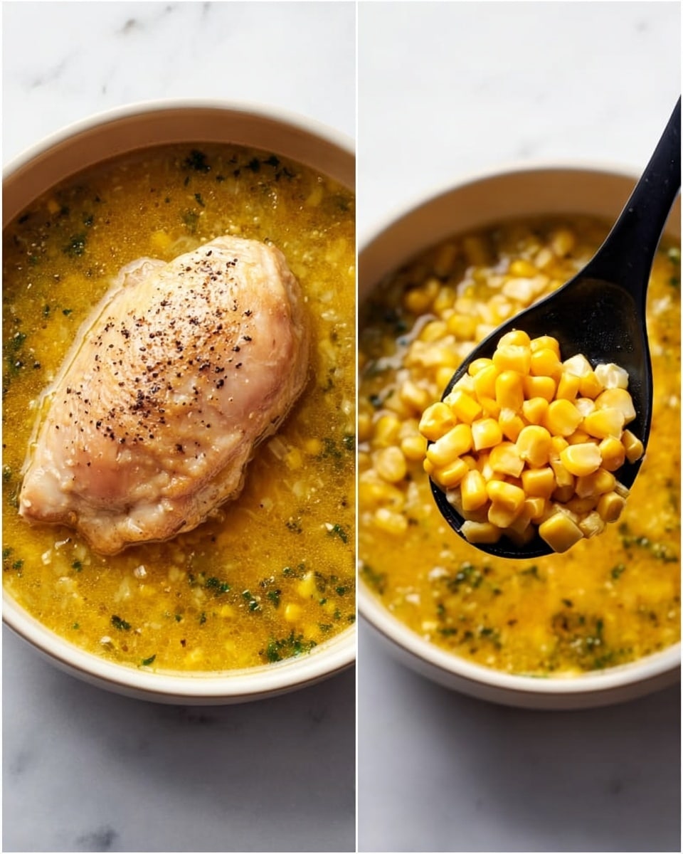 The image shows two views of a round white bowl filled with yellow soup that has green herbs mixed in. In the left view, a large piece of cooked chicken sits on top of the soup, showing a smooth and light pink-brown surface sprinkled with black pepper. A black spoon is partly resting on the bowl's edge. In the right view, the same black spoon is held above the bowl, full of small, bright yellow corn kernels. The bowl sits on a white marbled surface. photo taken with an iphone --ar 4:5 --v 7