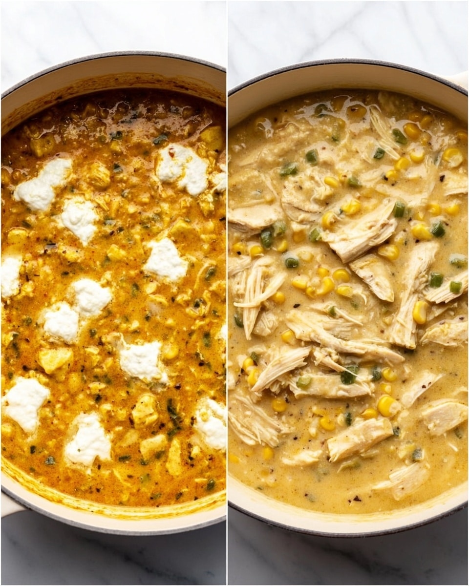 The dish is shown in two stages inside a round white pot on a white marbled surface. On the left side, the pot is filled with a thick yellow-orange mixture that has visible bits of herbs and spices, topped with scattered white dollops of a creamy ingredient, creating a speckled texture. On the right side, the pot shows a creamy pale yellow thick soup or stew with shredded pieces of cooked chicken, whole corn kernels, and small green vegetable bits, all mixed evenly. The texture looks rich and hearty with a layered creamy consistency throughout. photo taken with an iphone --ar 4:5 --v 7