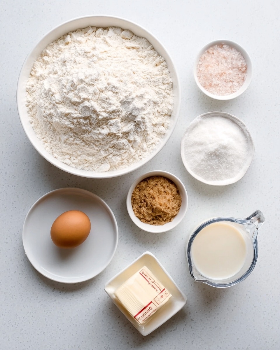 The image shows a white marbled surface with several cooking ingredients arranged neatly on it. There is a large white bowl filled with white flour placed at the top center. To the right of the flour, there is a small white bowl with pink salt and another small white bowl with white sugar. On the left side of the flour, there is a white plate holding a single brown egg and below it, a small white bowl containing brown sugar. In the middle slightly to the right, a clear glass measuring cup is filled with milk, and next to it is a small square white dish with a small amount of white powder or salt. A stick of butter wrapped in paper is positioned horizontally below the flour bowl. The arrangement is clean and simple. Photo taken with an iphone --ar 4:5 --v 7