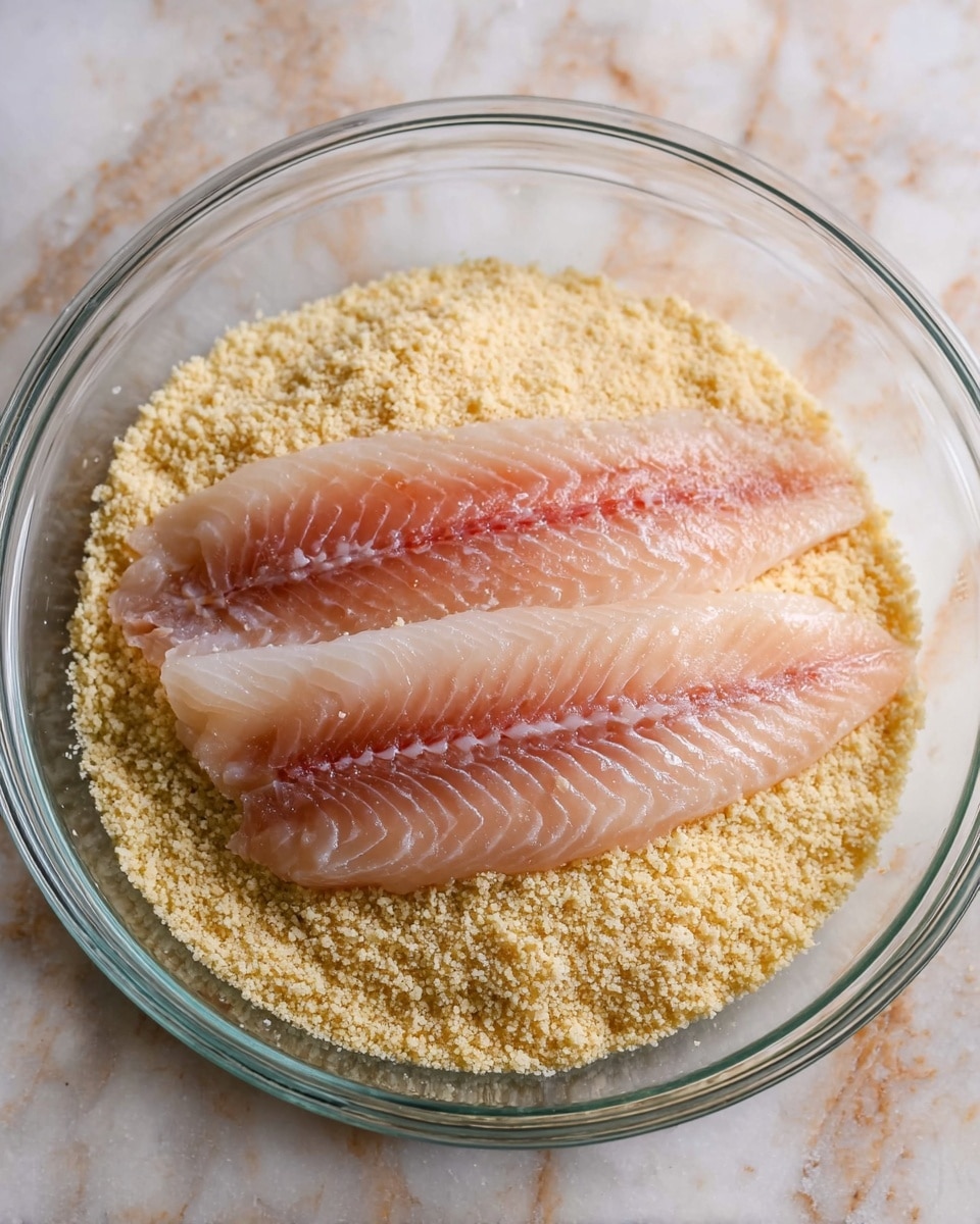 A clear glass bowl filled with a layer of fine, light yellow panko crumbs at the bottom, topped with two pale pink raw fish fillets lying side by side, showing a slightly shiny, wet texture and visible natural fish lines. The bowl is placed on a white marbled surface. photo taken with an iphone --ar 4:5 --v 7