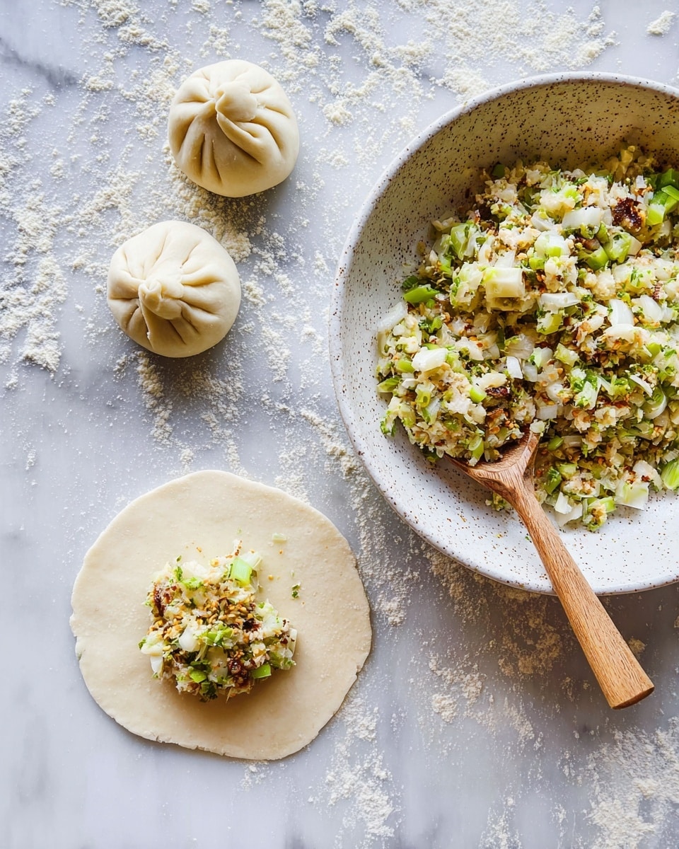 The image shows a cooking scene on a white marbled surface with light flour dusted around. On the right side, there is a white speckled plate holding a mixed filling made of chopped white and green ingredients with some brown bits, with a wooden spoon resting in the plate. Below the plate, there is a round flat dough piece with a helping of the mixed filling placed in the center. To the left side of the image, there are three small round dough parcels, each carefully pinched and folded at the top, along with one plain round dough ball. The colors mainly include soft white dough contrasted with the green, white, and brown filling, all shown in clear natural light. Photo taken with an iphone --ar 4:5 --v 7