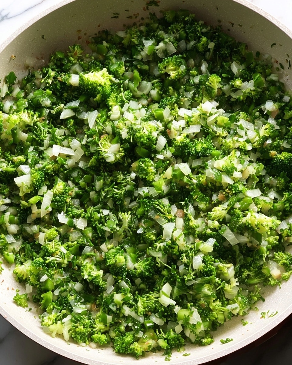 A close-up view of a pan with finely chopped green broccoli and diced white onions mixed together, forming a thick layer that covers the entire pan surface. The broccoli pieces are small and bright green, contrasting with the slightly translucent and soft white onion bits scattered evenly throughout. The pan has a white interior, and the texture of the vegetables is fresh and slightly cooked, showing a mix of smooth and rough edges. The background is a white marbled texture. photo taken with an iphone --ar 4:5 --v 7