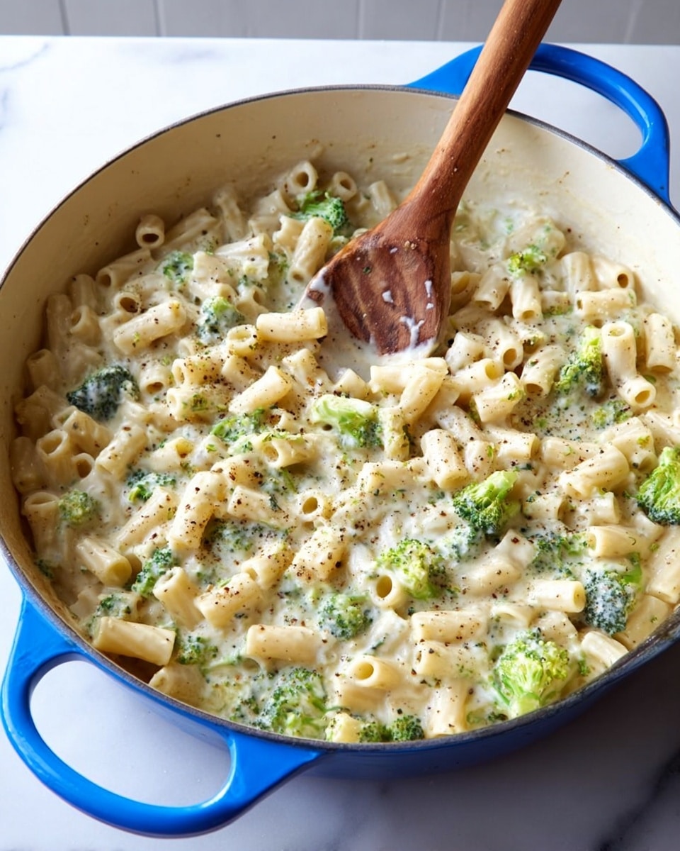 A white creamy pasta dish filled with small tube-shaped pasta and pieces of green broccoli visible throughout. The creamy sauce has a smooth texture mixed with little flecks of black pepper and herbs. The dish sits in a round white pan with bright blue handles. A wooden spoon stands upright in the pan, stirring the pasta. The pan rests on a white marbled surface with a plain light background. Photo taken with an iphone --ar 4:5 --v 7