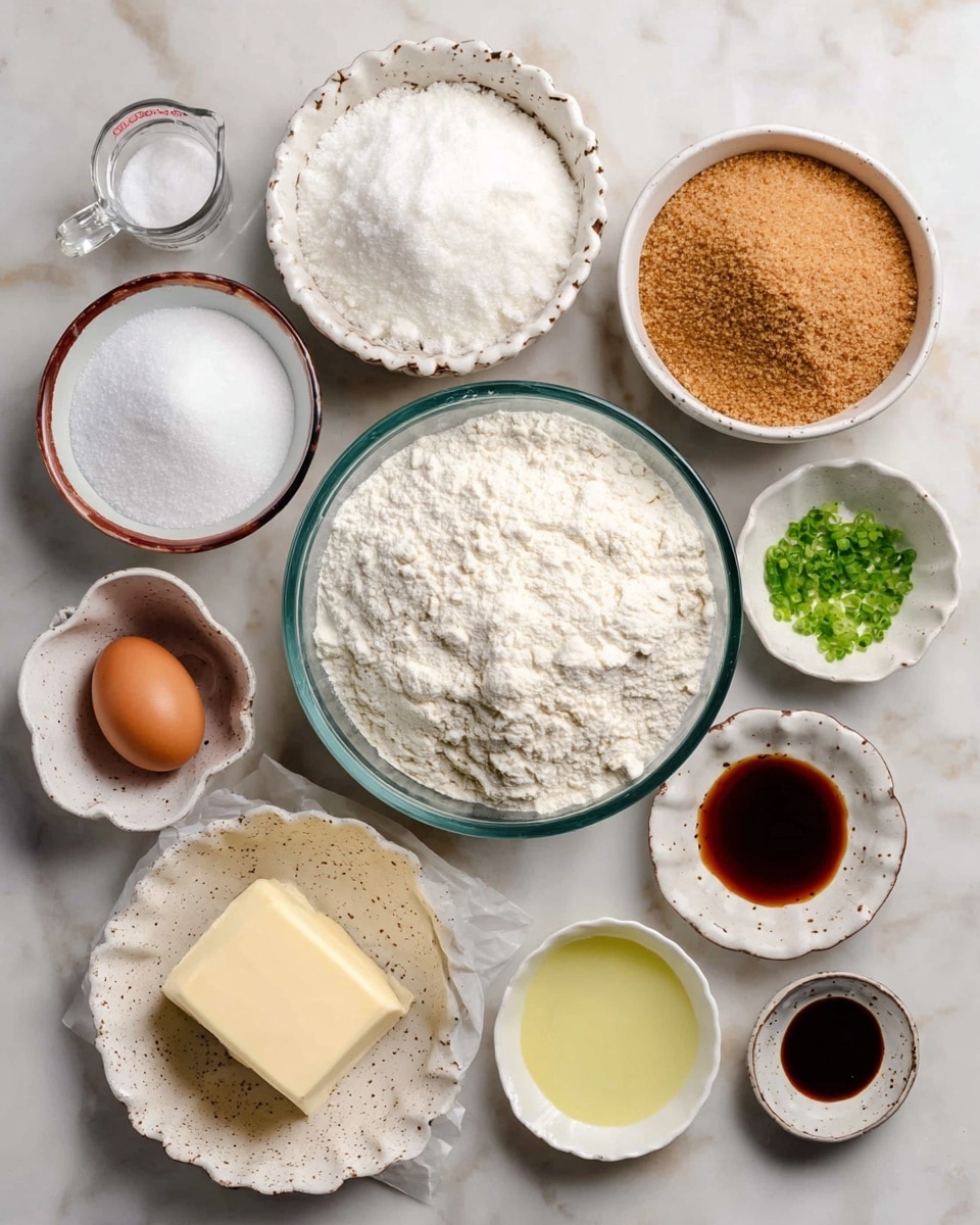 A top-down view shows a variety of baking ingredients arranged neatly on a white marbled surface. In the center is a clear glass bowl filled with white flour. To its left, a clear measuring cup holds white powdered sugar. Above that, two white bowls with brown speckles contain white granulated sugar and a mix of salt and baking soda. To the right of the flour, a rectangular stick of butter sits on white parchment paper. Above the butter, a larger white speckled bowl holds packed light brown sugar. Around the center, a small white bowl with fluted edges contains a brown egg, and other small white bowls show pale yellow oil, white liquid, green lime zest, and dark vanilla extract. The arrangement is clean and simple with soft natural light. Photo taken with an iphone --ar 4:5 --v 7