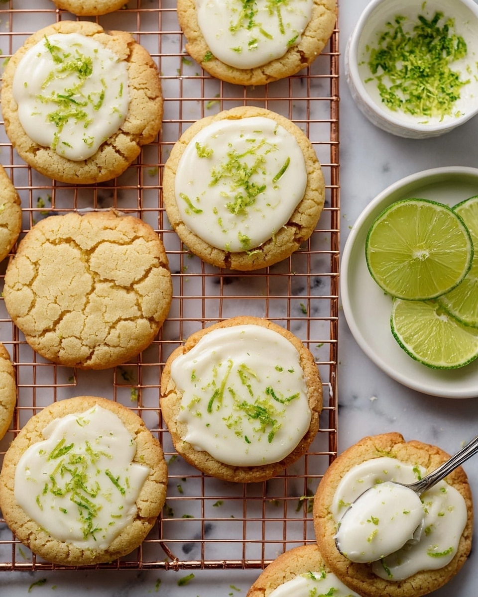 The image shows a group of soft, round cookies with a cracked surface, placed on a copper cooling rack over a white marbled texture. Some of the cookies have a smooth, white icing layer on top, sprinkled with finely grated green zest, spread evenly across the surface. Nearby, there is a white bowl filled with the same grated green zest and a white plate holding several thick lime wedges at the side. A spoon with some of the white icing rests on the rack. Photo taken with an iphone --ar 4:5 --v 7