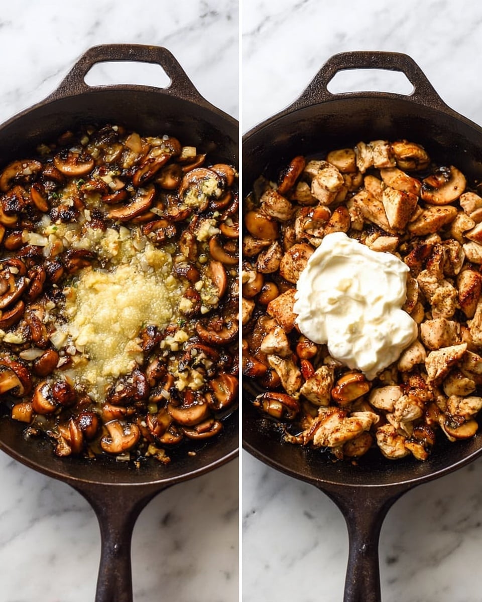 Two side-by-side images show a black cast iron pan with cooked mushrooms, garlic, and small bits of browned onion on a white marbled surface. In the left image, a creamy light yellow sauce and minced garlic sit on top of the golden brown mushrooms, which are mostly sliced and layered evenly across the pan’s flat surface. In the right image, chunks of browned chicken rest mixed with the mushrooms, all topped with a thick dollop of white sauce or sour cream in the middle of the pan. Photo taken with an iphone --ar 4:5 --v 7
