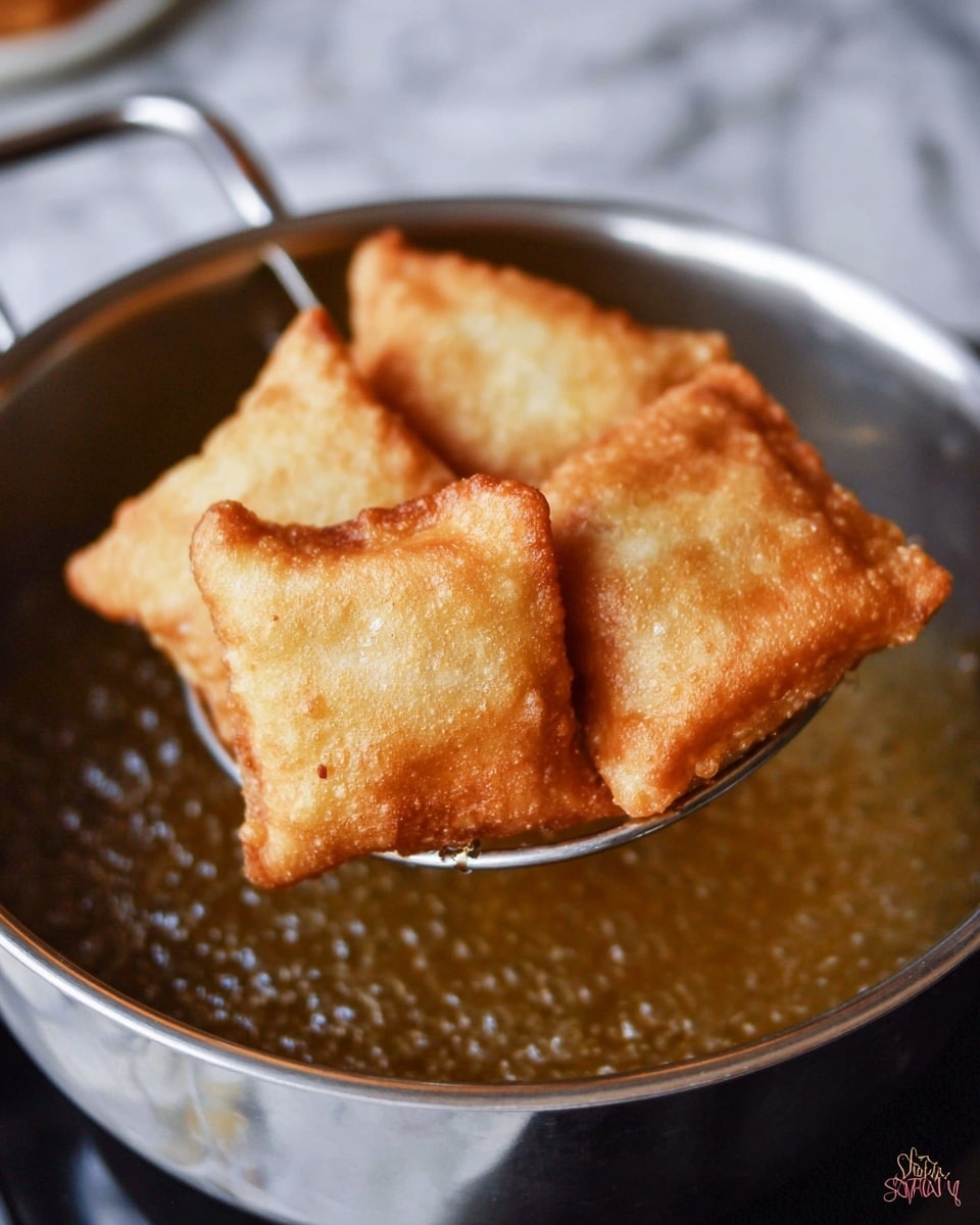 The image shows a close-up of a pile of small golden brown ravioli pieces on a white plate, with a sprinkle of white grated cheese and black pepper flakes on top. The ravioli have a crispy texture with visible slightly browned edges. In the background, there is a small bunch of green herbs that adds a fresh color contrast. The overall look is warm and inviting with the ravioli overlapping each other, showing their soft but slightly crunchy sides. The plate is placed on a white marbled surface. photo taken with an iphone --ar 4:5 --v 7