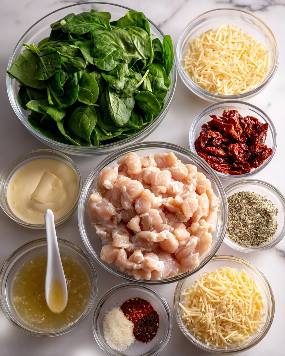 The image shows several clear glass bowls and a small white spoon placed on a white marbled surface. In the center is a medium clear glass bowl filled with light pink diced chicken pieces. Above it is a larger clear glass bowl with fresh dark green spinach leaves. Surrounding these are smaller clear glass bowls containing pale yellow heavy cream, light yellow chicken broth, finely chopped white onion, small yellow grated garlic, small red chili flakes in a white spoon, coarse black and white salt and pepper mix, brown-green Italian seasoning, fine light yellow shredded parmesan cheese, light yellow orzo pasta, and dark red sun-dried tomatoes. Each ingredient is separate and well arranged in a neat layout. photo taken with an iphone --ar 4:5 --v 7