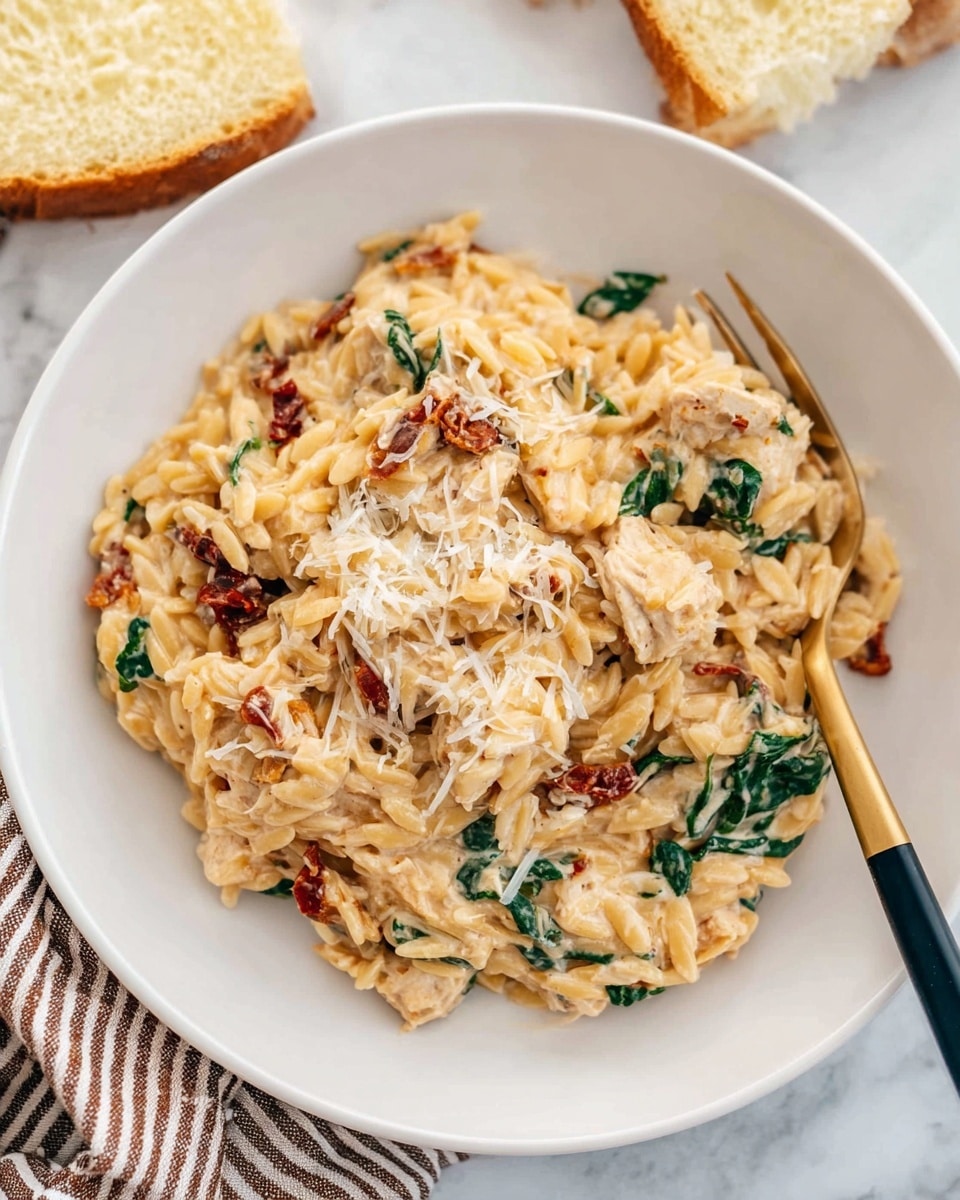 A white plate holds a creamy pasta dish with orzo noodles coated in a light beige sauce, mixed with small pieces of cooked chicken, green spinach leaves, and bits of red sun-dried tomatoes, topped with grated white cheese. A gold and black fork rests on the right side of the plate, partly inserted into the pasta. At the top edge of the image, there is a slice of light yellow bread with a soft texture. The whole scene is set on a white marbled surface with a brown and white striped cloth partially visible in the bottom-left corner. Photo taken with an iphone --ar 4:5 --v 7