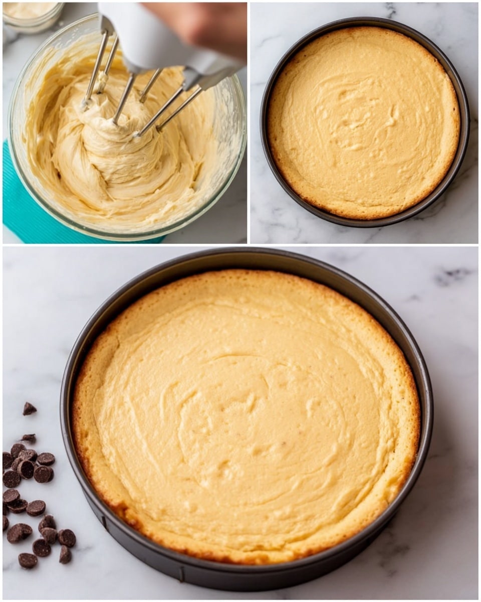 The image shows three stages of making a cheesecake. The first part has a clear bowl with smooth, pale yellow cheesecake batter being mixed by a woman's hand using a mixer with two beaters. The batter looks thick and creamy with swirls. The second part shows a dark round cake pan filled with the same pale yellow batter, spread evenly to the edges, ready to bake. The third part shows the baked cheesecake in the same round pan, with a light golden brown top and a slightly raised, smooth surface that looks firm but soft. The pan is on a white marbled surface with a few dark chocolate chips scattered around the bottom left corner. Photo taken with an iphone --ar 4:5 --v 7
