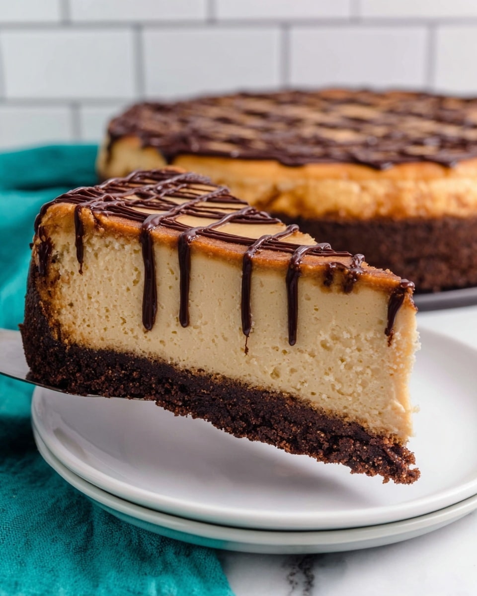 A slice of cheesecake being lifted shows two main layers: the bottom layer is thick and dark brown with a dense, crumbly texture, and the top layer is creamy beige with a smooth, firm surface. The whole cheesecake is on a white plate, topped with thin, crisscrossed dark chocolate drizzle that covers the top and drips down the sides. The background has white tile walls and a teal cloth. The surface beneath is white marbled texture. Photo taken with an iphone --ar 4:5 --v 7