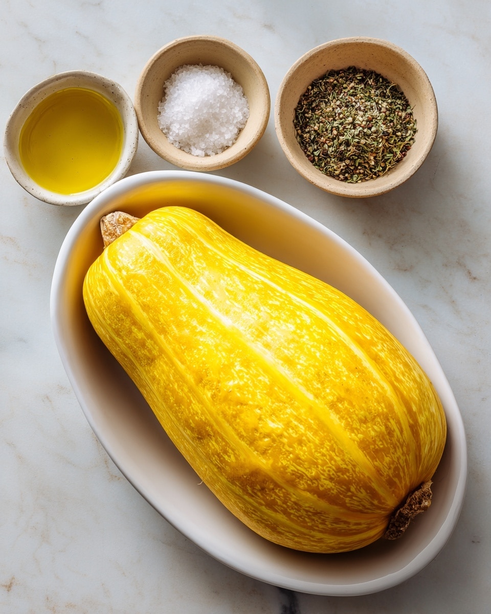 A large, smooth, bright yellow spaghetti squash is placed in the center of a deep white oval dish. Above the squash, there are two small beige bowls; the one on the left holds coarse white sea salt, and the one on the right contains ground black pepper. Below and slightly to the left of the oval dish is a small beige bowl filled with golden olive oil. All items rest on a white marbled surface with soft light and subtle shadowing. Photo taken with an iphone --ar 4:5 --v 7
