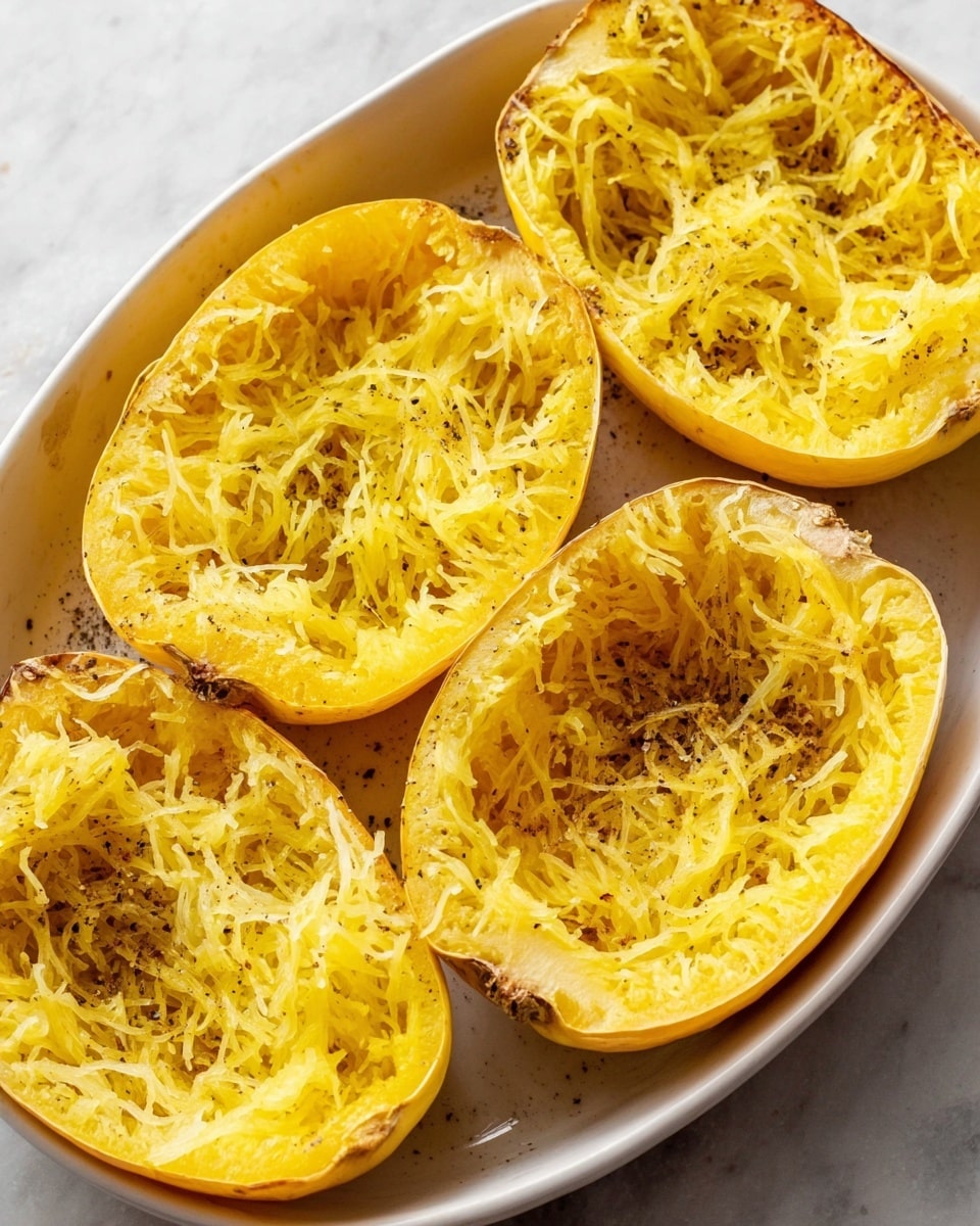 There are four halves of cooked spaghetti squash placed side by side in a white baking dish on a white marbled surface. Each squash half has a bright yellow, stringy interior that looks slightly soft and separated into fine, noodle-like strands. The outer rind is a firm, slightly browned yellow shell that holds the strands inside. Small black pepper specks are scattered on both the squash and in the dish. The squash halves are arranged loosely to show different stringy layers inside. photo taken with an iphone --ar 4:5 --v 7