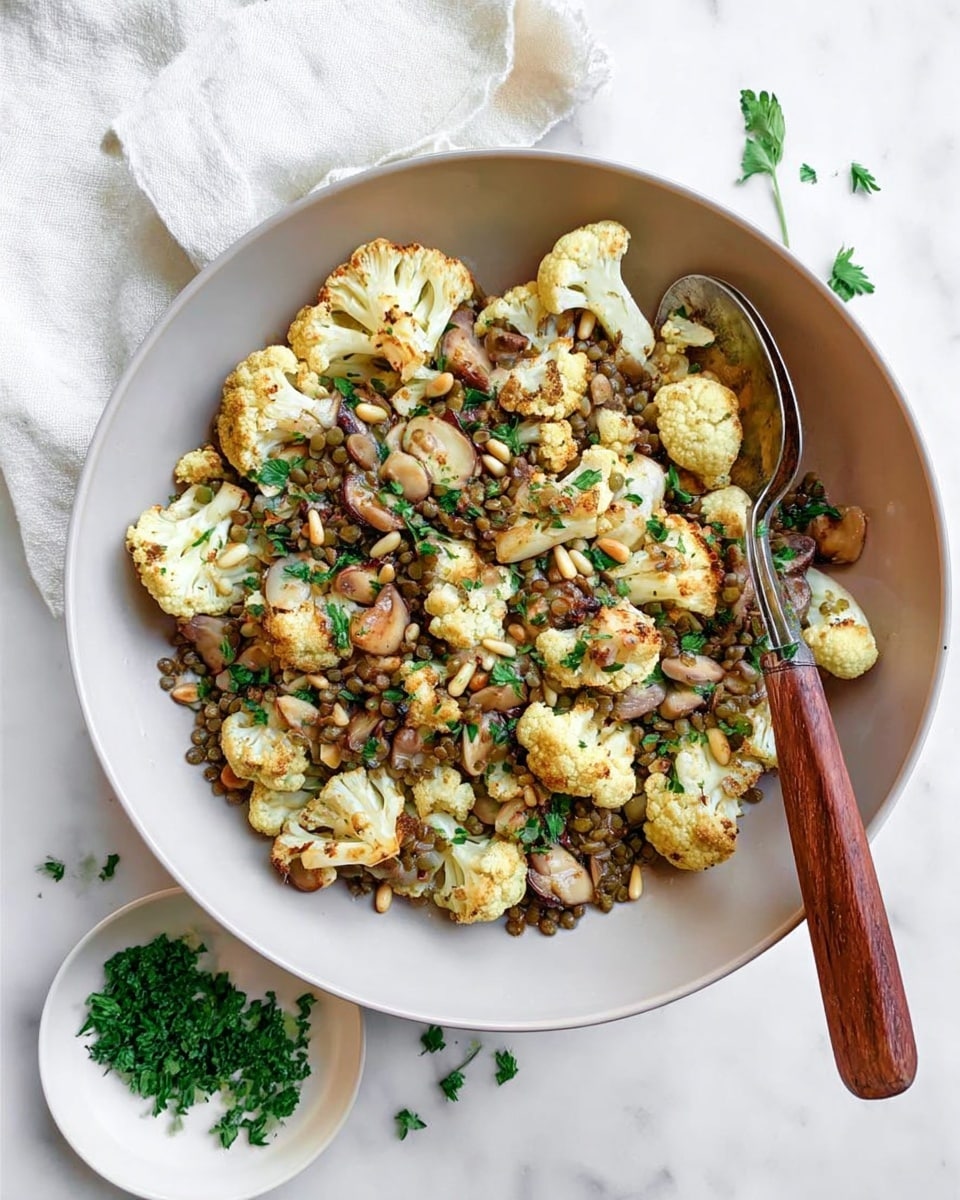 A white bowl filled with multiple layers of cooked cauliflower florets that are light golden with some brown spots, mixed with lentils that are tan and small, and pieces of light purple onion. The dish is sprinkled with chopped green herbs and small off-white pine nuts. A silver spoon with a wooden scoop rests inside the bowl on the right side. Scattered around the bowl are green herb leaves and pine nuts, all placed on a white marbled surface with a white cloth in the background. photo taken with an iphone --ar 4:5 --v 7