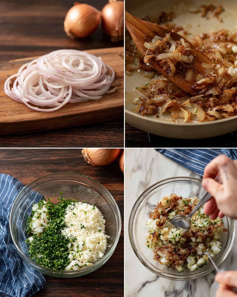 The image is divided into four parts showing a cooking process. The top left part shows pale pink onion rings neatly stacked on a wooden board with whole onions blurred in the background. The top right part shows golden brown cooked onions with a glossy, soft texture being stirred with a wooden spatula inside a pan. The bottom left part shows a clear bowl containing four layers: bottom layer of cooked onions in warm brown tones, next layer of bright green chopped herbs, a layer of white crumbly cheese, and some light-colored breadcrumbs, with a silver spoon being held by a woman's hand. The bottom right part shows the same bowl after the ingredients have been mixed together into a more blended mix of light brown, green, and white bits, stirred by a woman's hand holding a spoon. The setting is on a dark wood surface with a blue striped cloth nearby, with a white marbled texture visible underneath. photo taken with an iphone --ar 4:5 --v 7