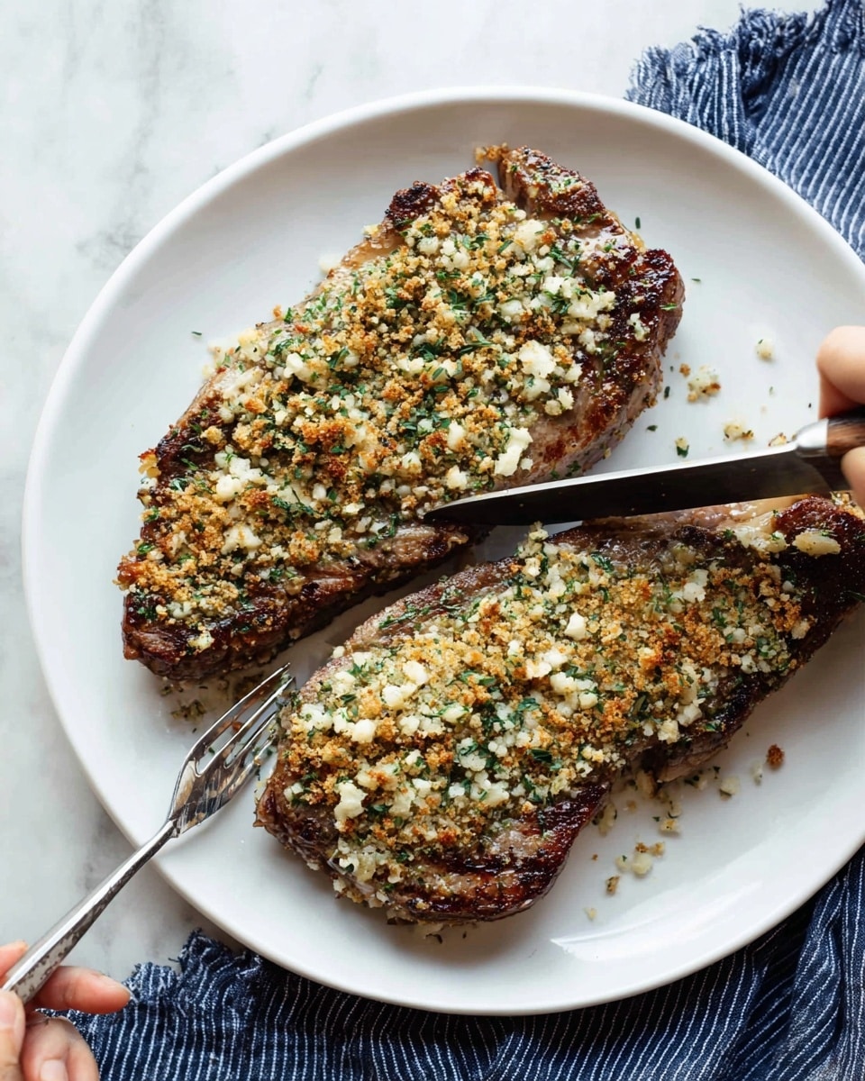 Two grilled steaks are placed side by side on a large white plate on a white marbled surface. Each steak is topped with a crumbly mixture of cheese, herbs, and breadcrumbs, creating a textured layer of white, green, and golden brown colors covering the top. A woman's hand holds a large fork piercing the left steak, while another woman's hand uses a sharp knife to slice through it. A blue and white striped cloth is partially visible in the top right corner. The overall scene is bright and focused on the detailed texture of the topping on the steaks. photo taken with an iphone --ar 4:5 --v 7