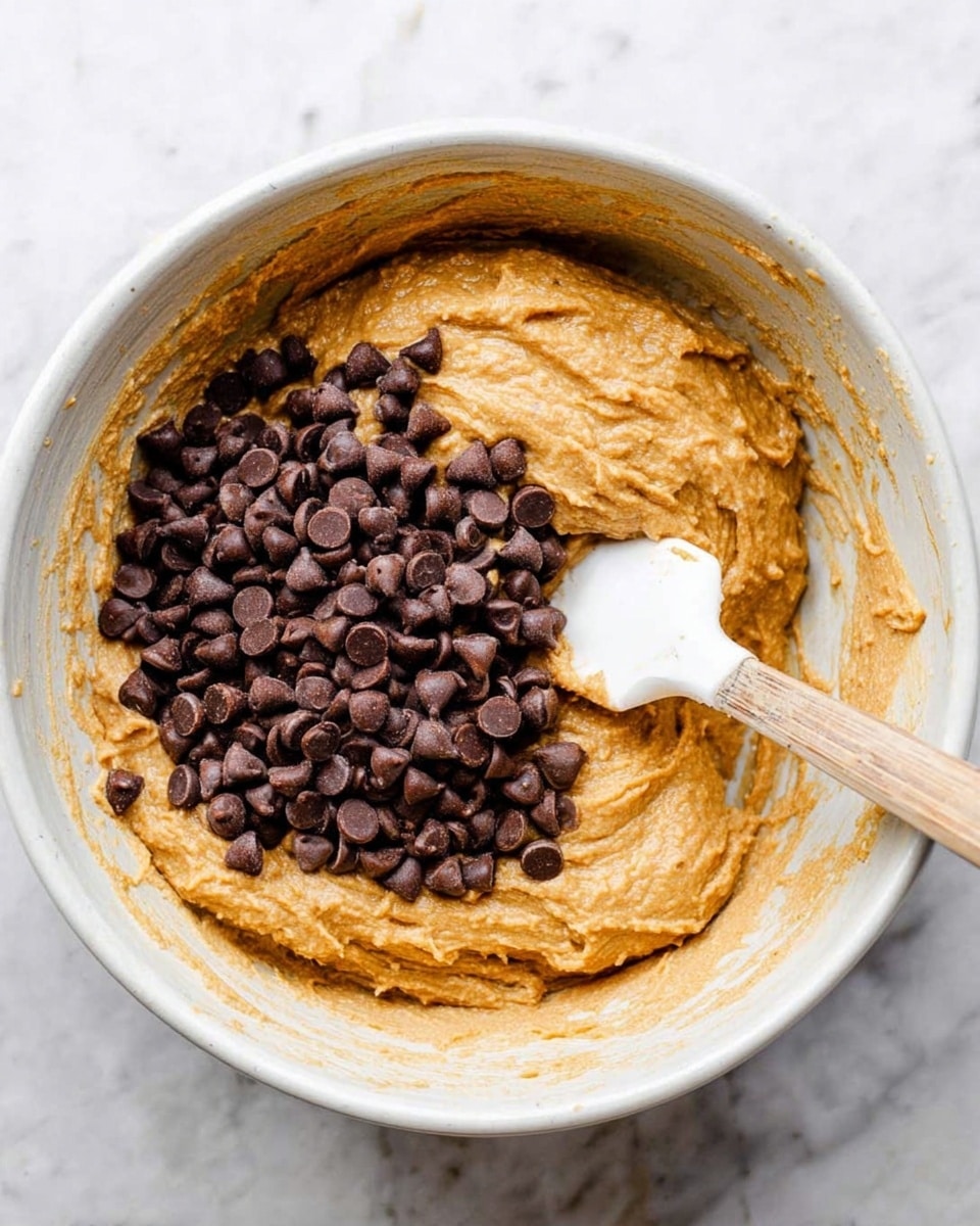A clear white mixing bowl holds thick, light brown batter with a rough texture, filling most of the bowl. On top of the batter, there is a large pile of small, dark brown chocolate chips clustered on one side. A white spatula with a wooden handle is partly dipped into the batter near the chocolate chips, as if ready to mix them in. The bowl sits on a white marbled surface with some batter smudges around the edges. photo taken with an iphone --ar 4:5 --v 7