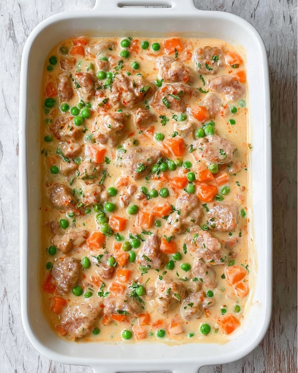 A white rectangular ceramic dish filled with a creamy light orange sauce containing small chunks of light brown cooked meat, bright green peas, and small diced orange carrots evenly spread across the surface. The dish is set on a white marbled texture background. Photo taken with an iphone --ar 4:5 --v 7