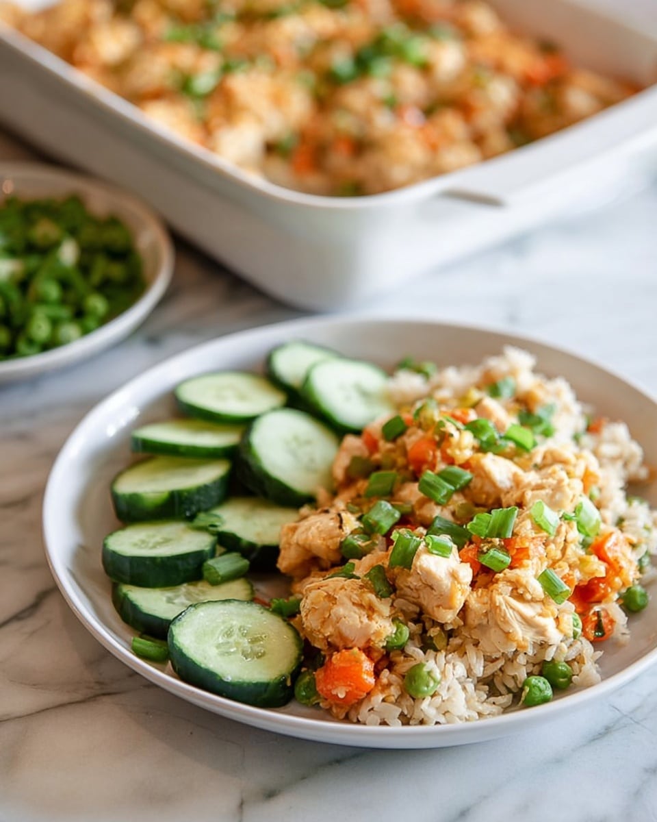 A white plate with two main layers: on the left, a bed of sliced cucumber rounds in dark green with black seeds and light green centers; on the right, a mix of cooked rice in white and light brown grains combined with chunks of light beige chicken pieces, orange carrot cubes, and small green peas, topped with chopped green onions. Behind, a white baking dish filled with a similar chicken and vegetable mix. The whole scene is set on a white marbled surface. Photo taken with an iphone --ar 4:5 --v 7