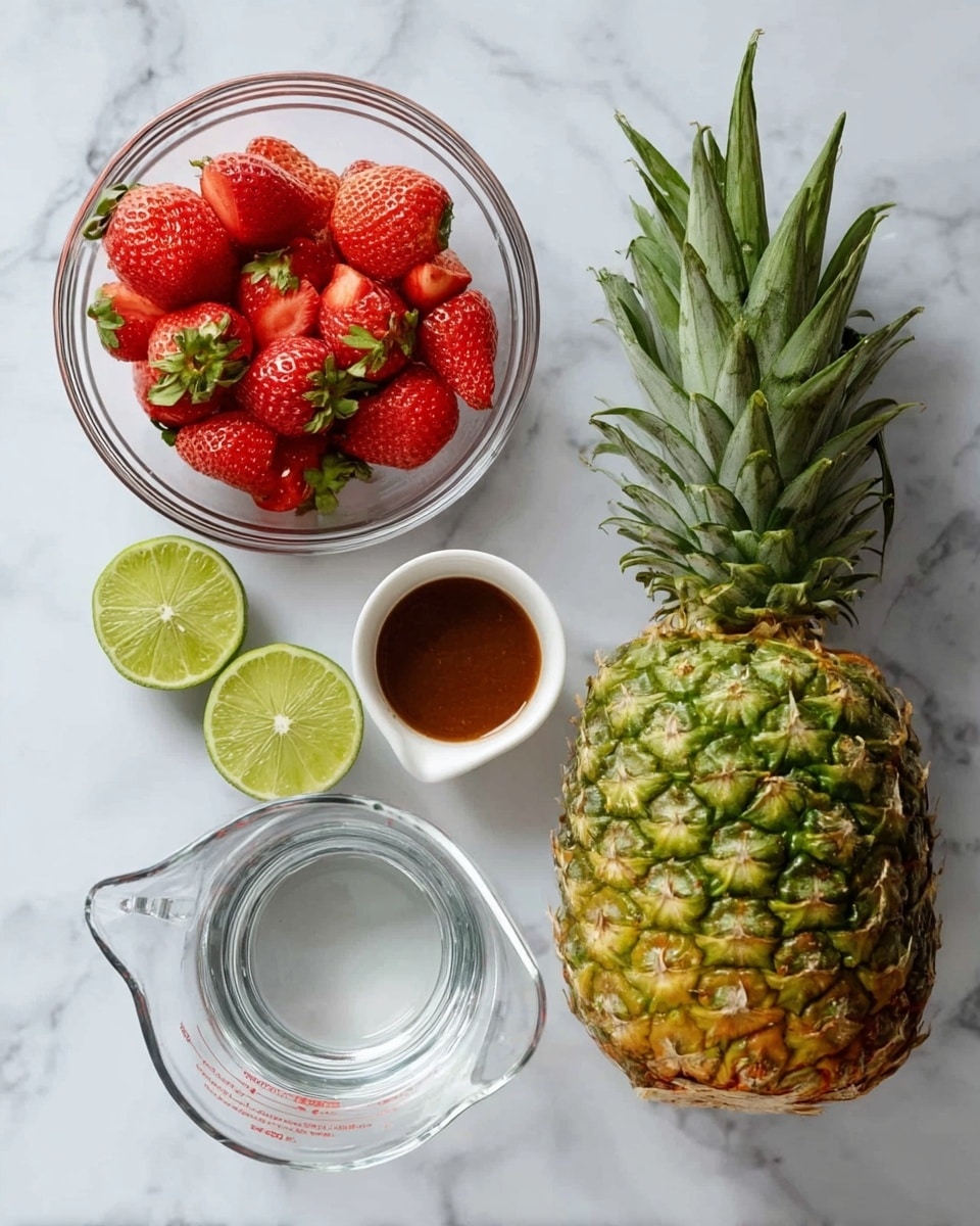 The image shows a layout of fresh fruits and ingredients on a white marbled surface. On the right side, there is a whole pineapple with green and yellow textured skin and leafy top. To the left of the pineapple, two lime halves are placed next to each other, showing their green inside. Above the lime halves, there is a small white cup filled with brown sauce. Above the sauce cup, a clear glass bowl holds many red strawberries with green leaves on top. Below the lime halves and sauce, there is a clear glass measuring cup filled with water. photo taken with an iphone --ar 4:5 --v 7