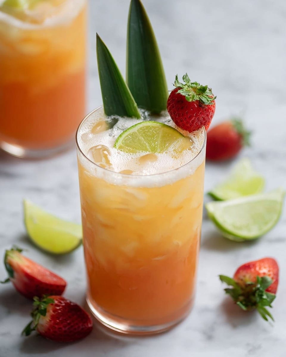 A clear glass holds a three-layer drink with the bottom layer being a light orange, the middle layer a slightly lighter orange, and the top layer a foamy white. Inside the drink are ice cubes visible through the glass. On top, a bright green lime slice rests, slightly inside the glass. A long, dark green pineapple leaf stands upright from the drink, and a red strawberry with green leaves is perched on the glass rim. In the background, there are more clear glasses with a similar orange drink, some red strawberries, and lime slices spread on a white marbled surface. photo taken with an iphone --ar 4:5 --v 7