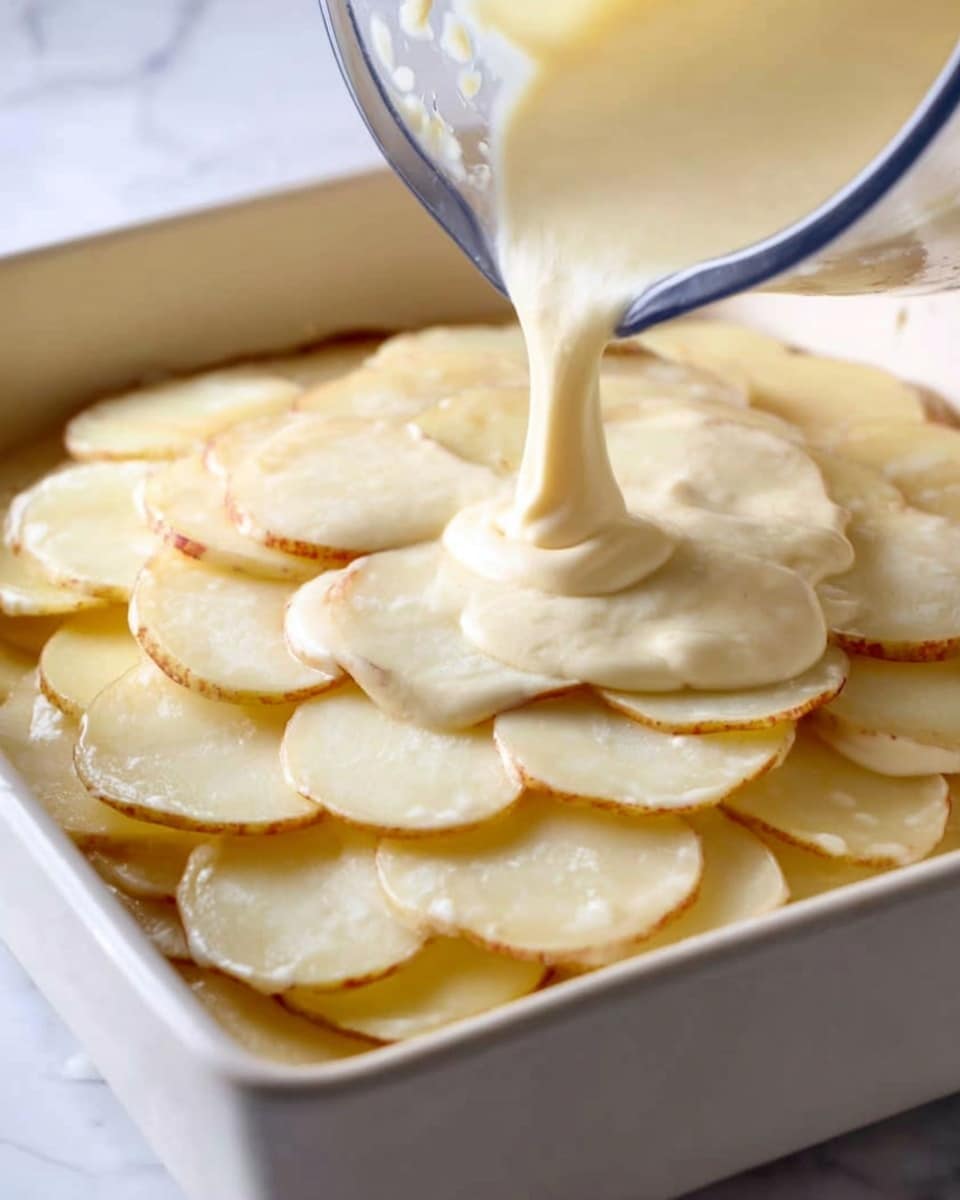 The image shows a close-up view of a white tray filled with thin, round slices of potato layered evenly across the bottom. A creamy light-colored sauce is being poured over the slices from a clear blender, creating a smooth, flowing stream that covers the potatoes. The background surface has a white marbled texture. photo taken with an iphone --ar 4:5 --v 7