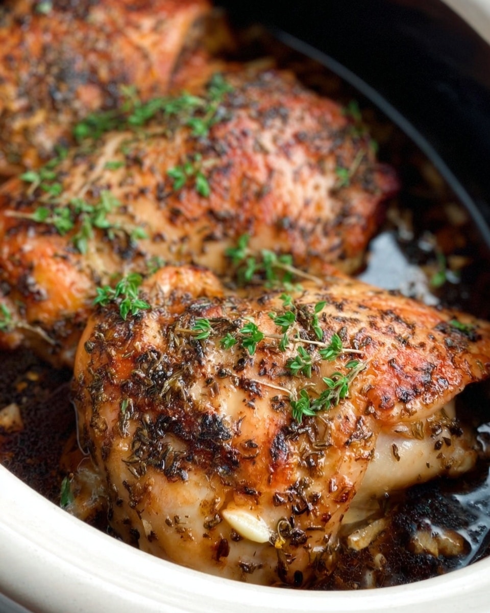 The image shows three cooked chicken pieces in a white marbled crockpot or slow cooker. Each chicken piece is golden brown with a slightly crispy, herb-covered skin, mainly seasoned with dark dried herbs like thyme or rosemary. Small bits of garlic and onion are scattered around the chicken, resting in a thin layer of dark cooking juices at the bottom. Fresh chopped green herbs are sprinkled on top of the chicken pieces, adding a touch of bright color against the warm brown and golden tones of the meat. The background is blurred, keeping full focus on the cooked chicken. Photo taken with an iphone --ar 4:5 --v 7