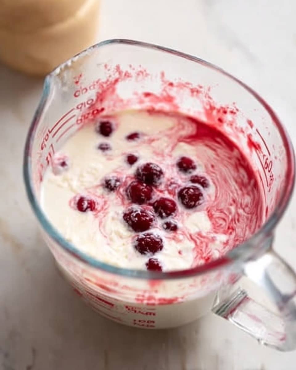 A clear glass measuring cup filled with white cream at the bottom, with red syrup or sauce slowly mixing into the cream, creating soft pink swirls. Several whole dark red berries float on top of the cream near the center. The measuring cup sits on a white marbled surface with a blurry beige object in the background. photo taken with an iphone --ar 4:5 --v 7