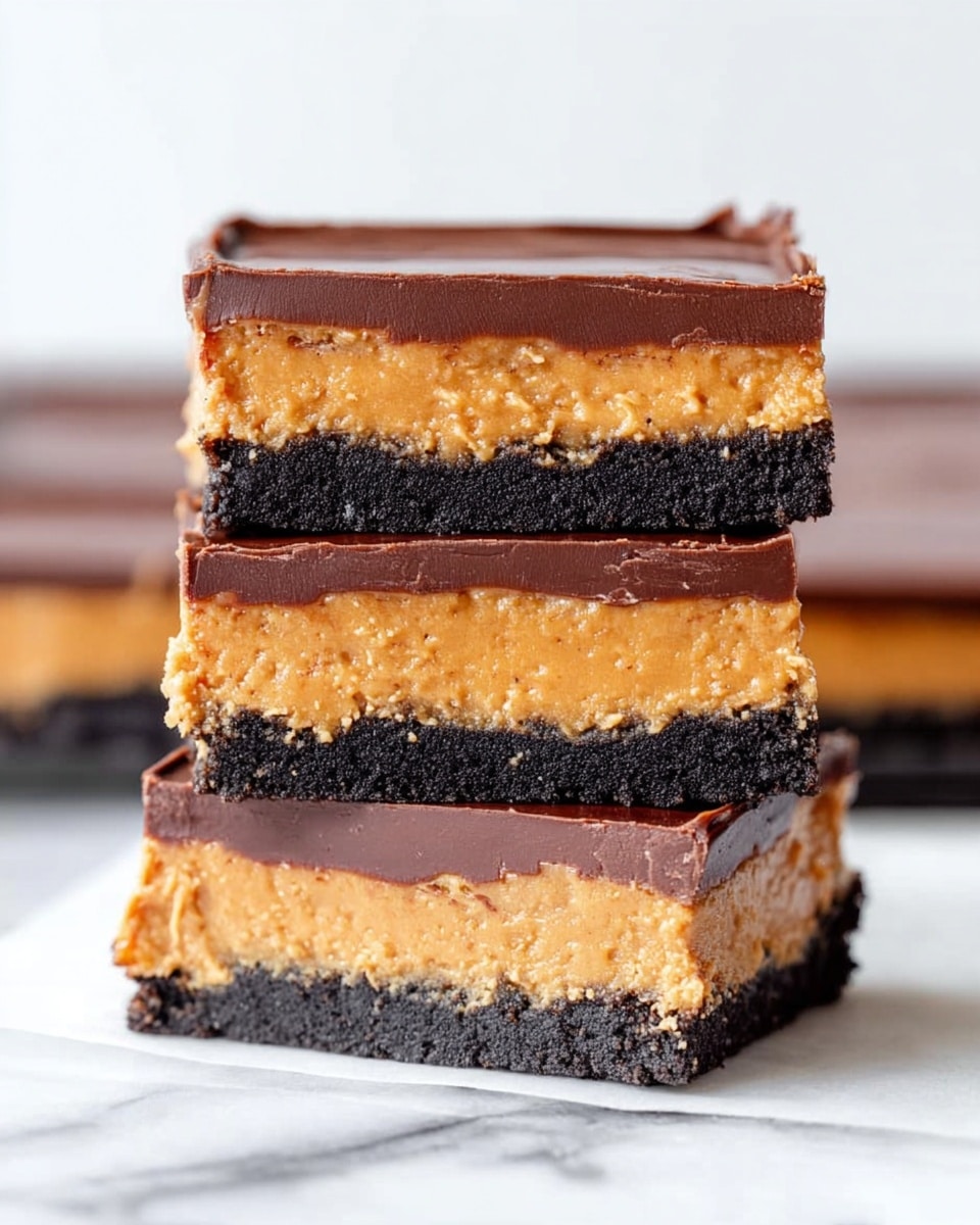The image shows a stack of three dessert bars on a white marbled surface. Each bar has three layers: the bottom layer is dark black and crumbly like a cookie crust, the middle layer is thick, smooth, and light orange resembling a peanut butter filling, and the top layer is a thin, glossy dark brown chocolate coating. The layers are even and neat, with the top chocolate layer slightly cracked. The bars are square-shaped and arranged one on top of the other. Photo taken with an iphone --ar 4:5 --v 7