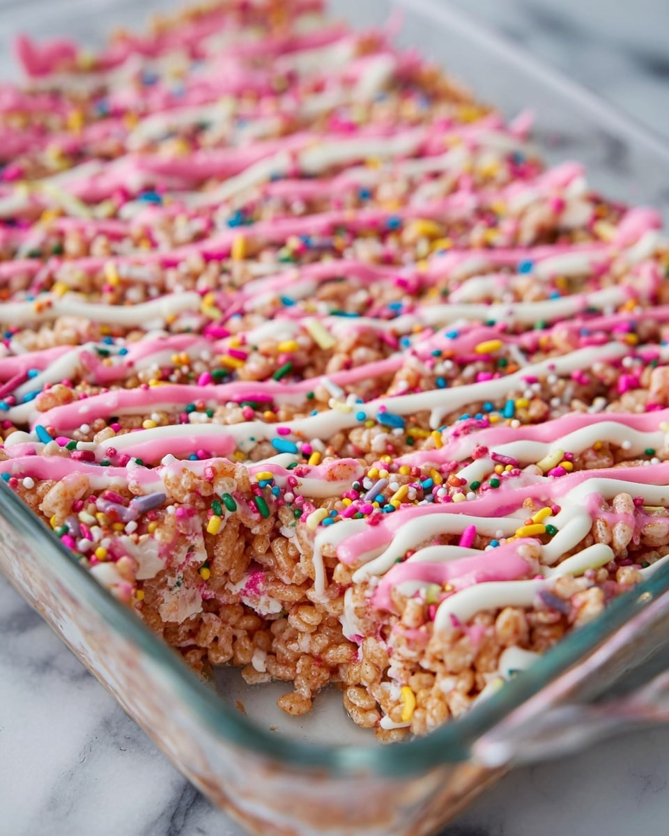 A close-up view of a dessert in a clear glass rectangular dish showing three visible layers: the bottom layer is light brown puffed rice mixed with a sticky binding, the middle layer is drizzled in white and bright pink icing creating thin, uneven lines across the surface, and the top layer is loaded with tiny round colorful sprinkles scattered all over, adding a playful and vibrant texture to the dessert. The dish is placed on a white marbled surface. Photo taken with an iphone --ar 4:5 --v 7